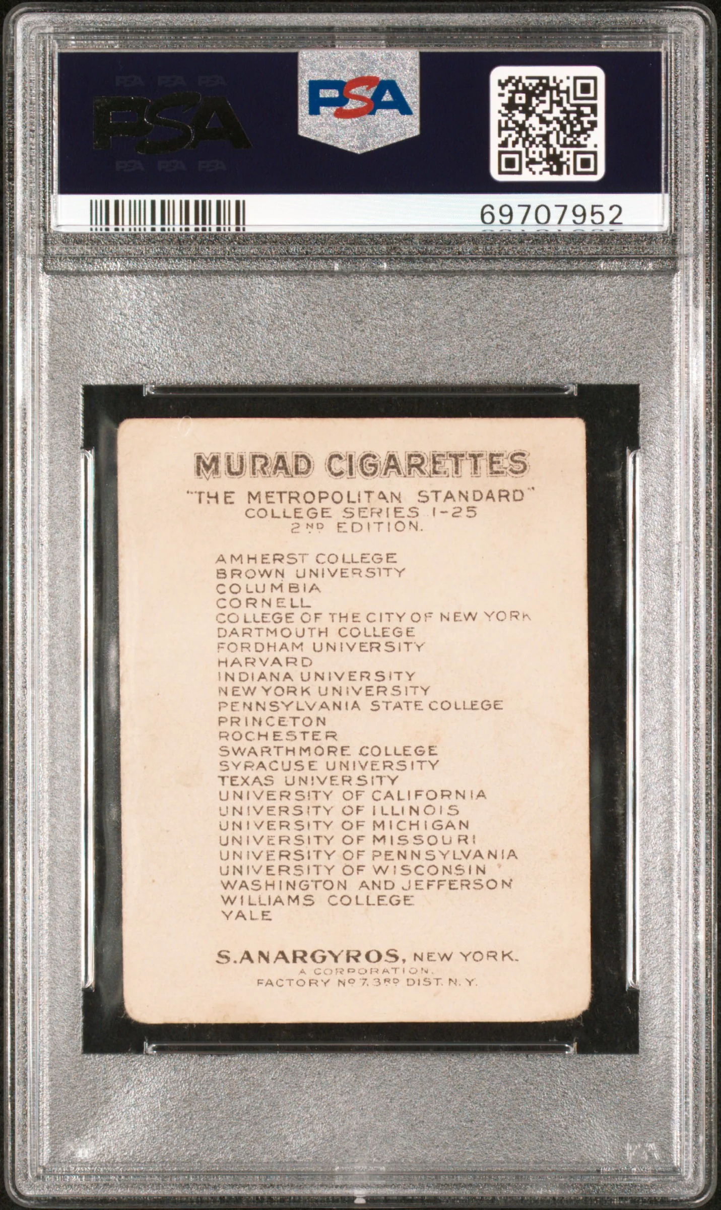 1910 T51 Murad Cigarettes College Series Syracuse University-2nd Edition College Series PSA 2 - Image 2