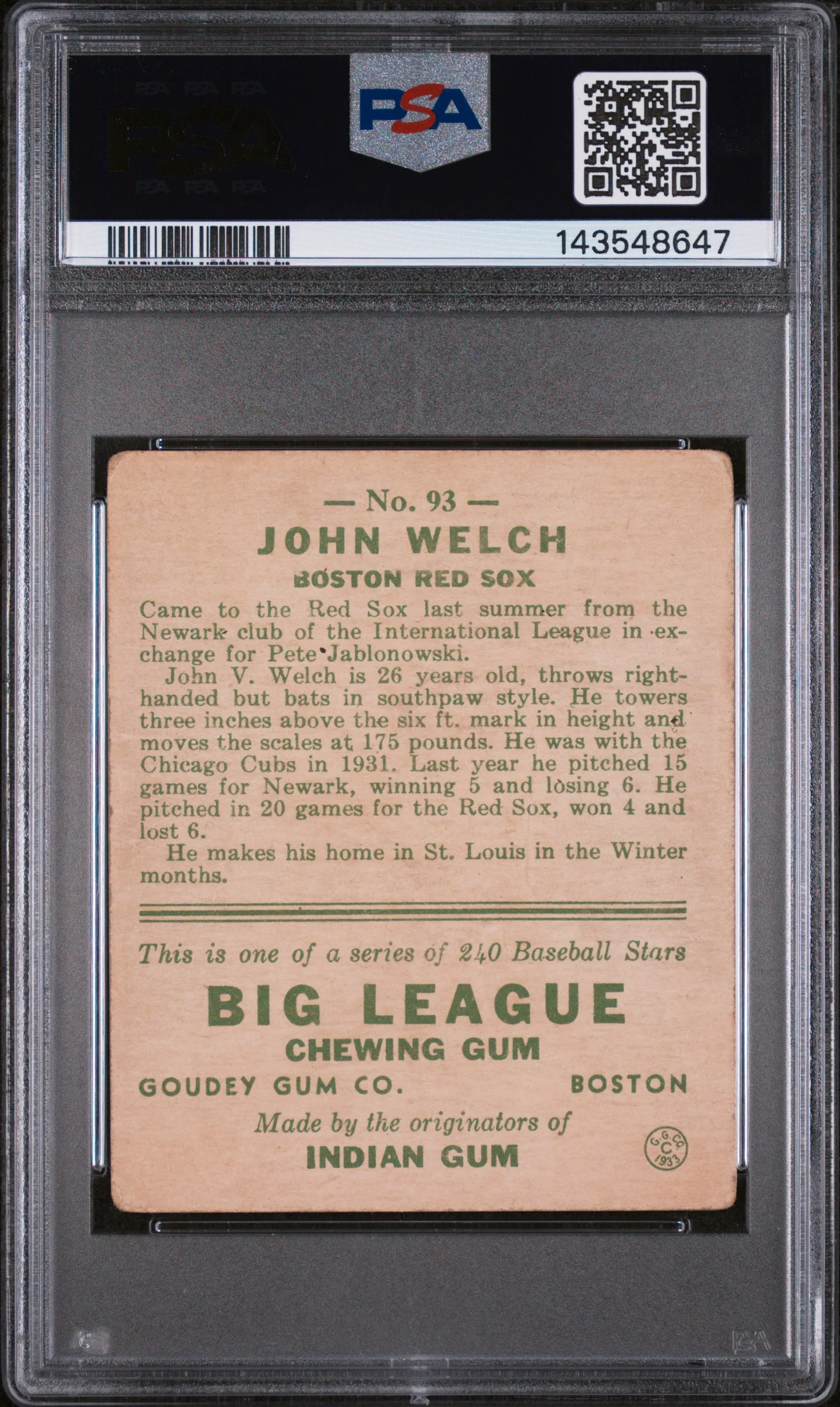 1933 Goudey John Welch #93 PSA 2 - Image 2