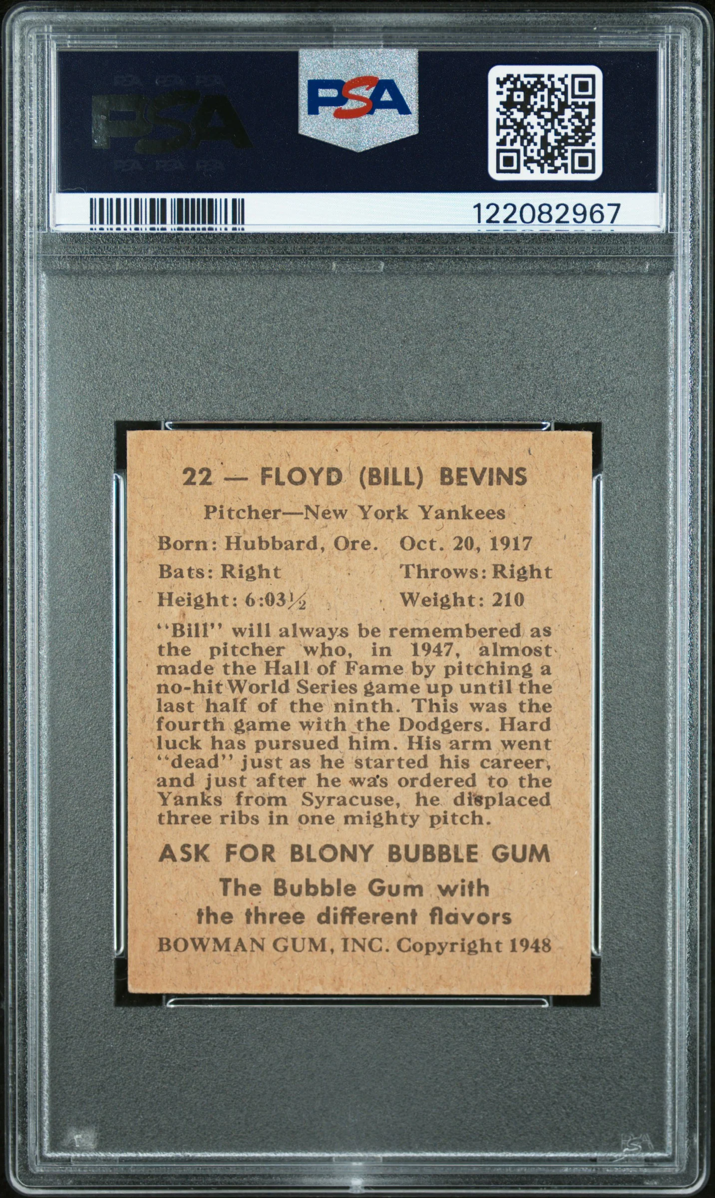 1948 Bowman Bill Bevens #22 PSA 6 - Image 2
