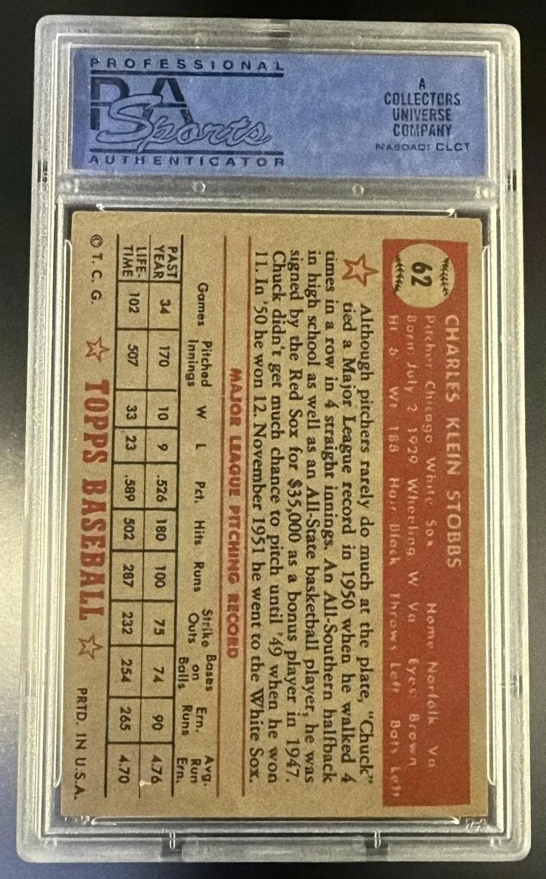 1952 Topps Chuck Stobbs #62 PSA 4 - Image 2