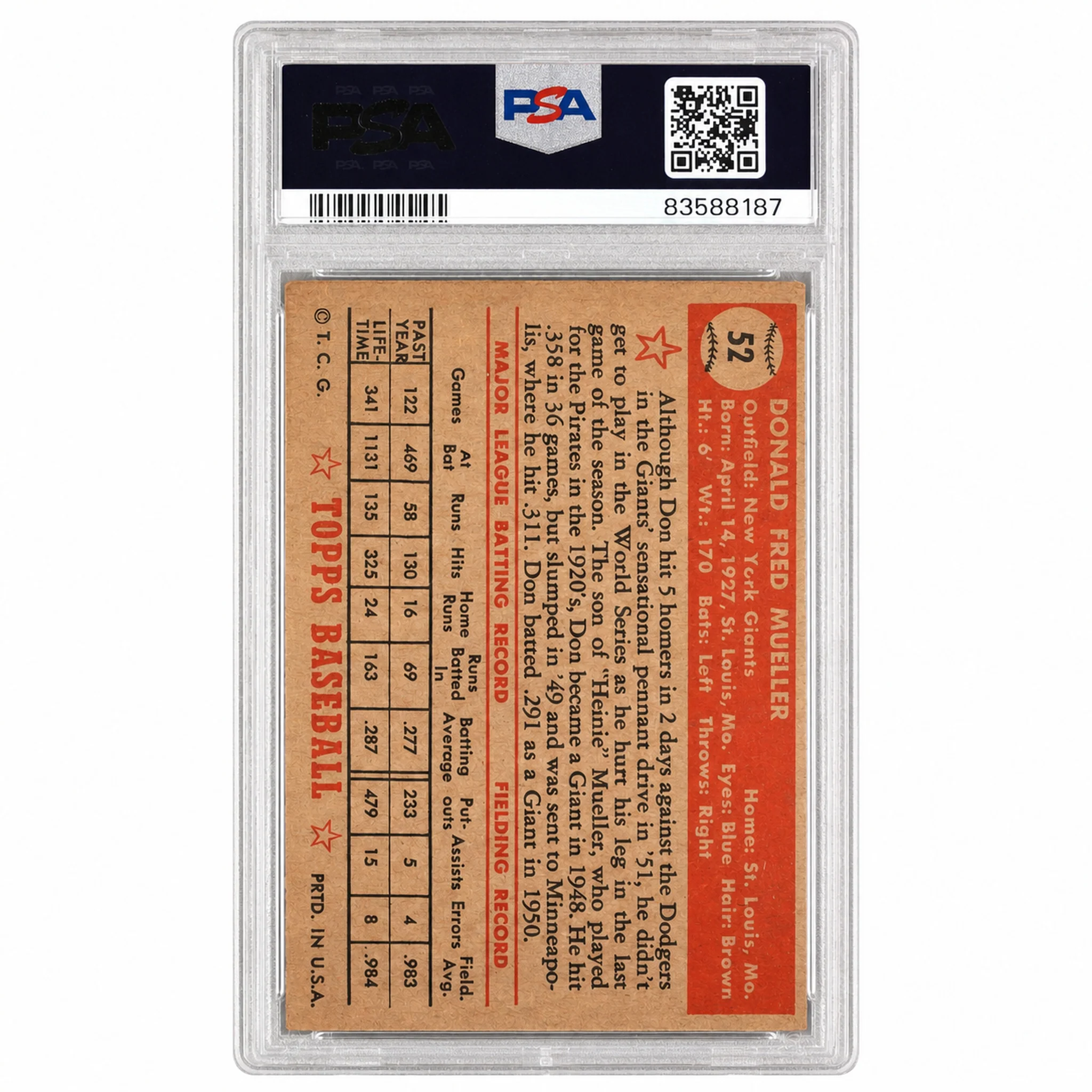 1952 Topps Don Mueller #52 PSA 4 - Image 2