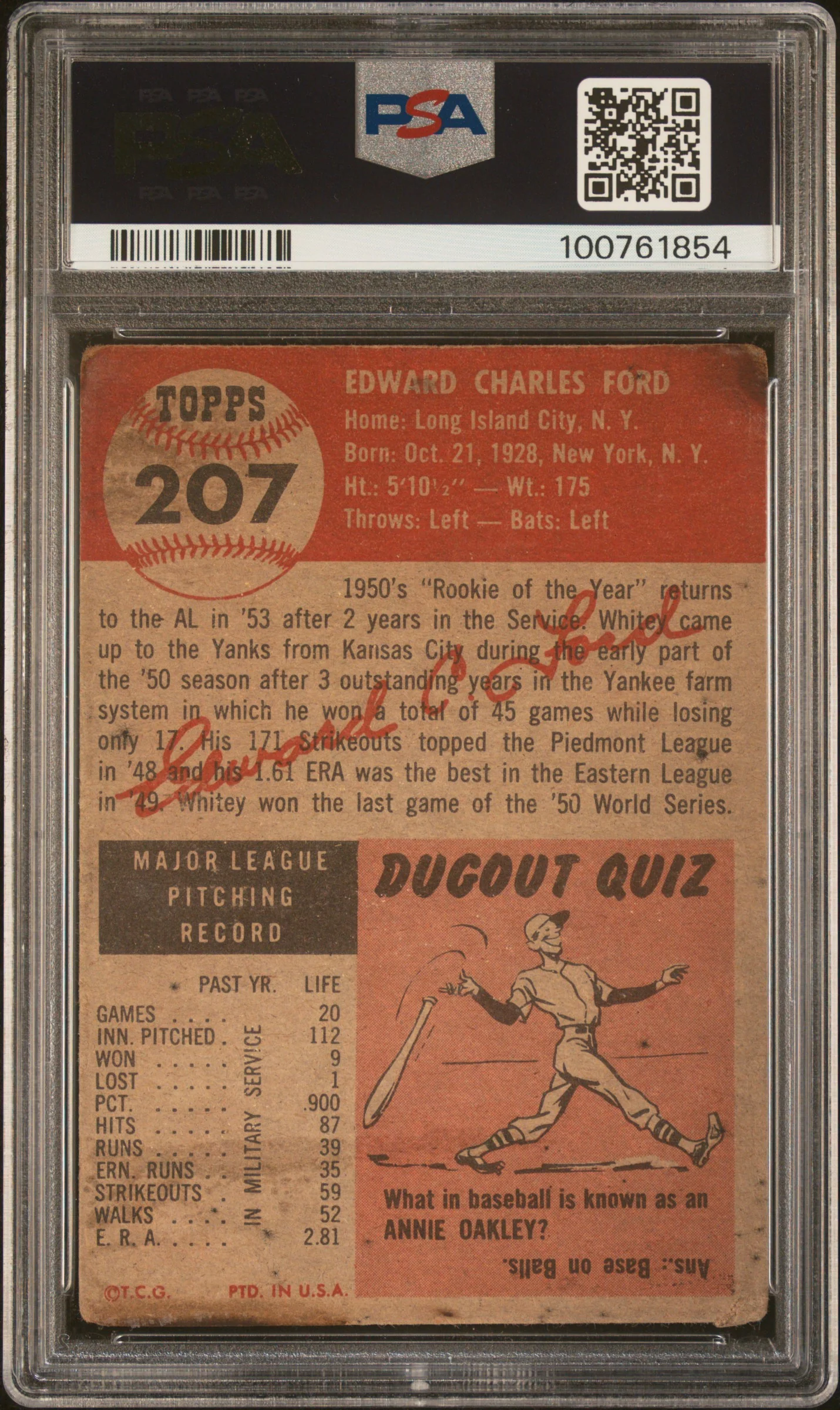 1953 Topps Whitey Ford #207 PSA 1.5 - Image 2