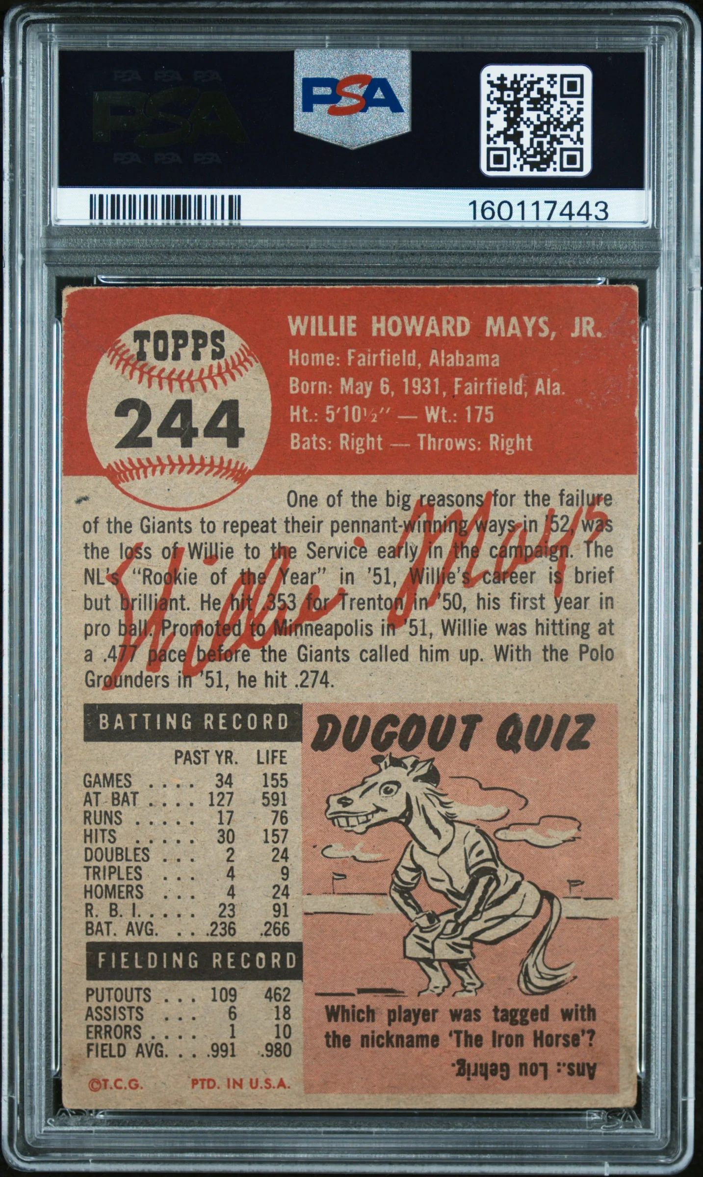 1953 Topps Willie Mays #244 PSA 1 - Image 2