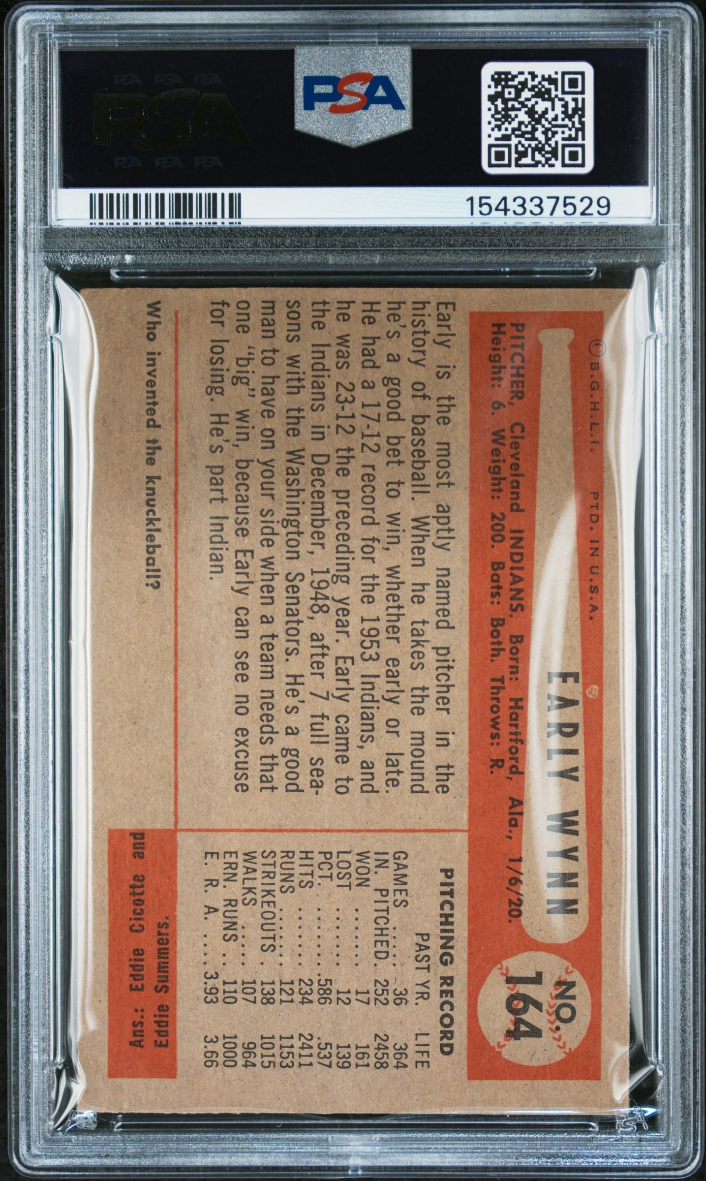 1954 Bowman Early Wynn #164 PSA 3 - Image 2