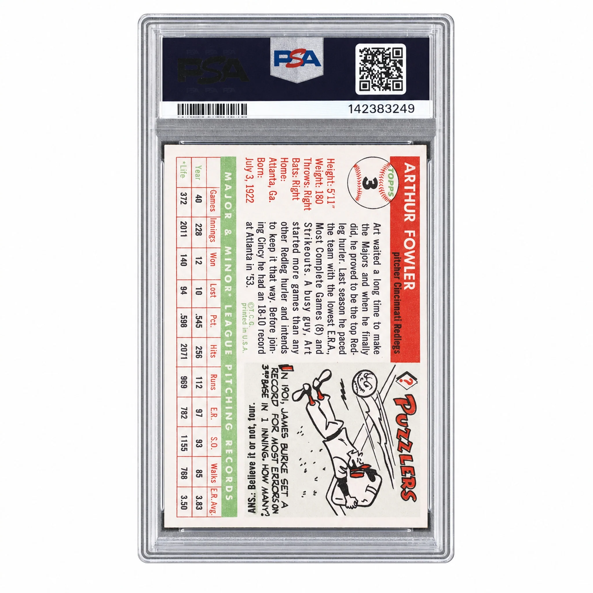 1955 Topps Art Fowler #3 PSA 6 - Image 2