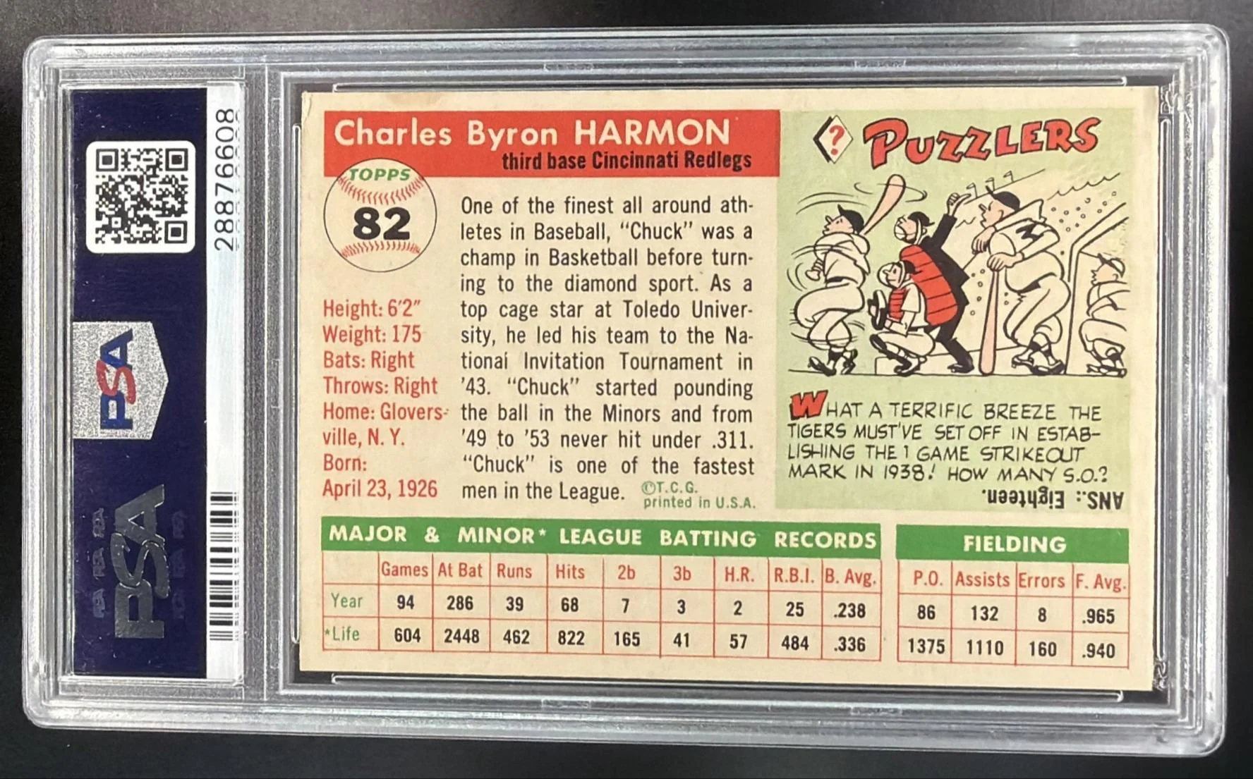 1955 Topps Chuck Harmon #82 PSA 7 - Image 2