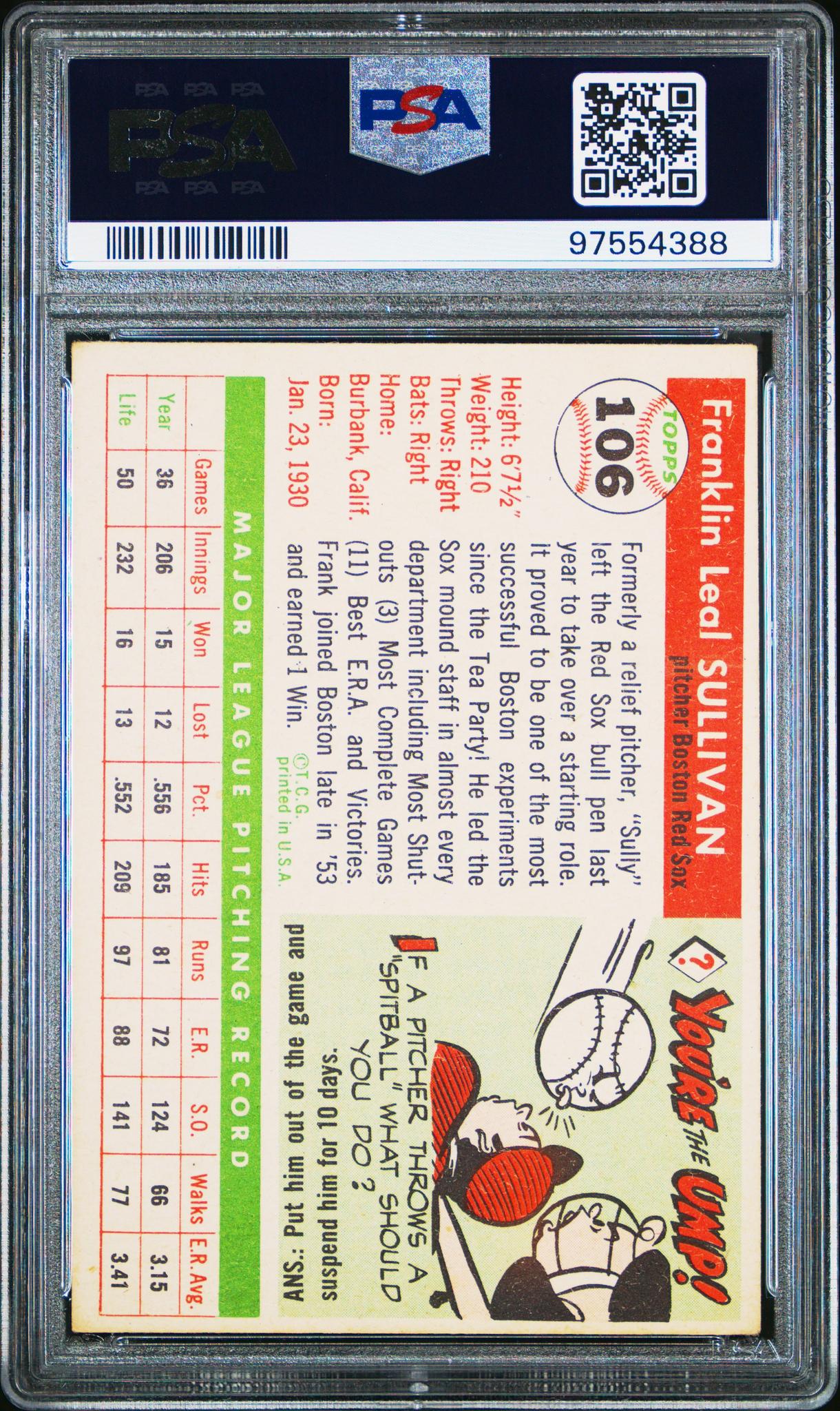 1955 Topps Frank Sullivan #106 PSA 4 - Image 2