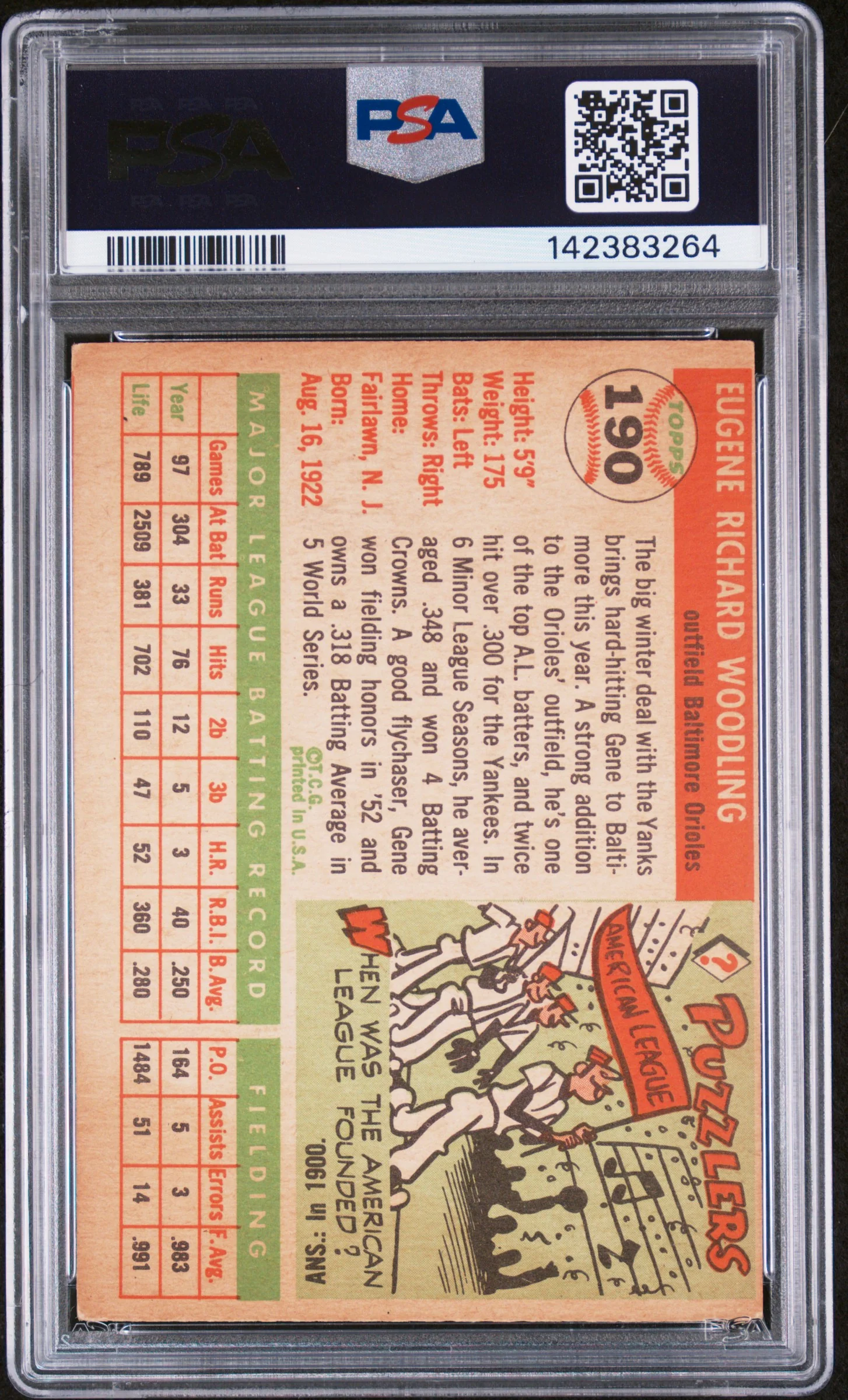 1955 Topps Gene Woodling #190 PSA 5 - Image 2