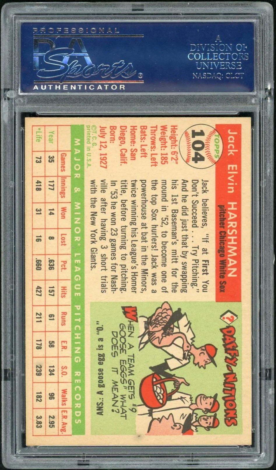 1955 Topps Jack Harshman #104 PSA 7 - Image 2