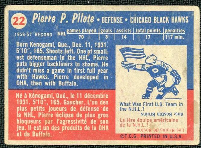 1957 Topps 22 Pierre Pilote Rookie Chicago Black Hawks - Image 2