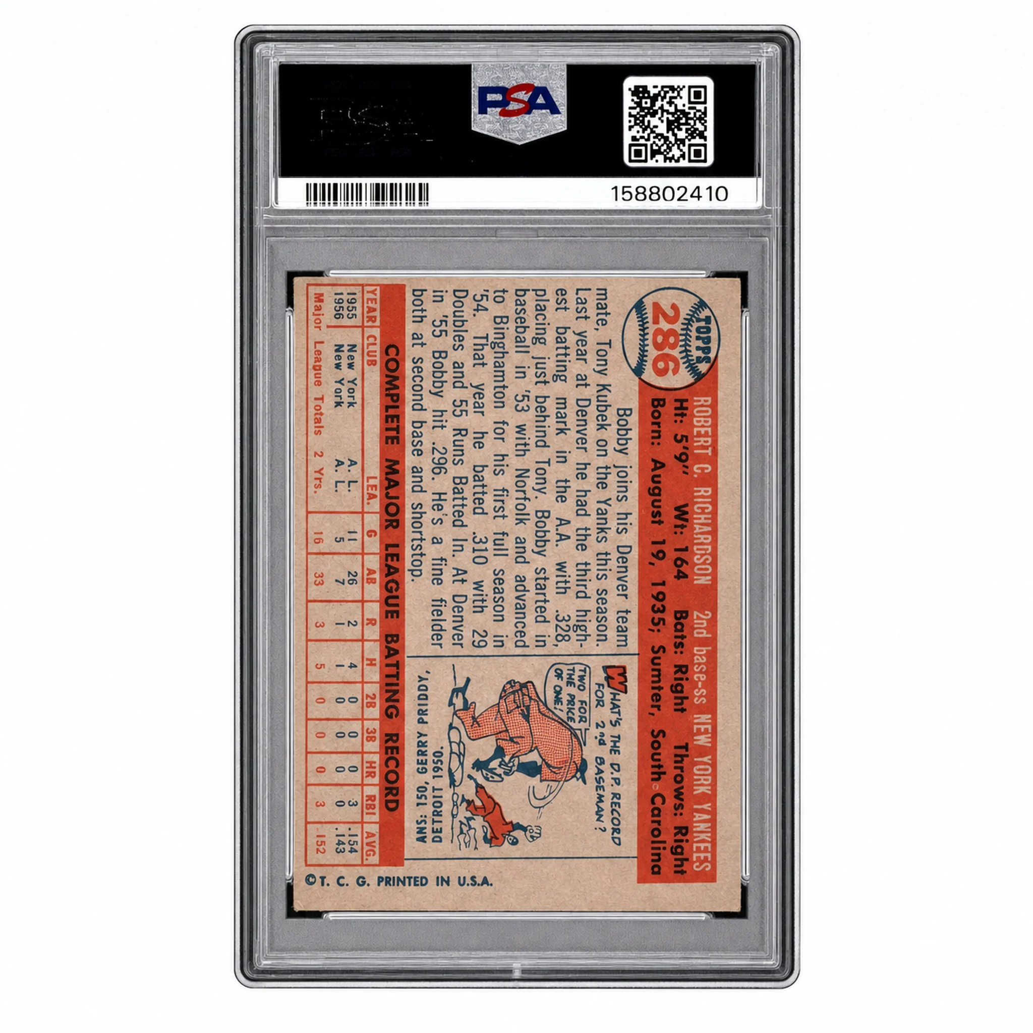 1957 Topps Bobby Richardson #286 PSA 4 - Image 2