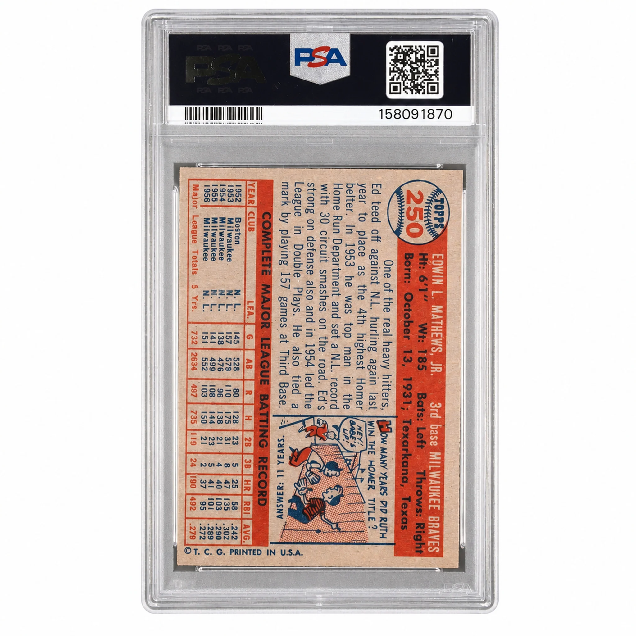 1957 Topps Eddie Mathews #250 PSA 6 - Image 2
