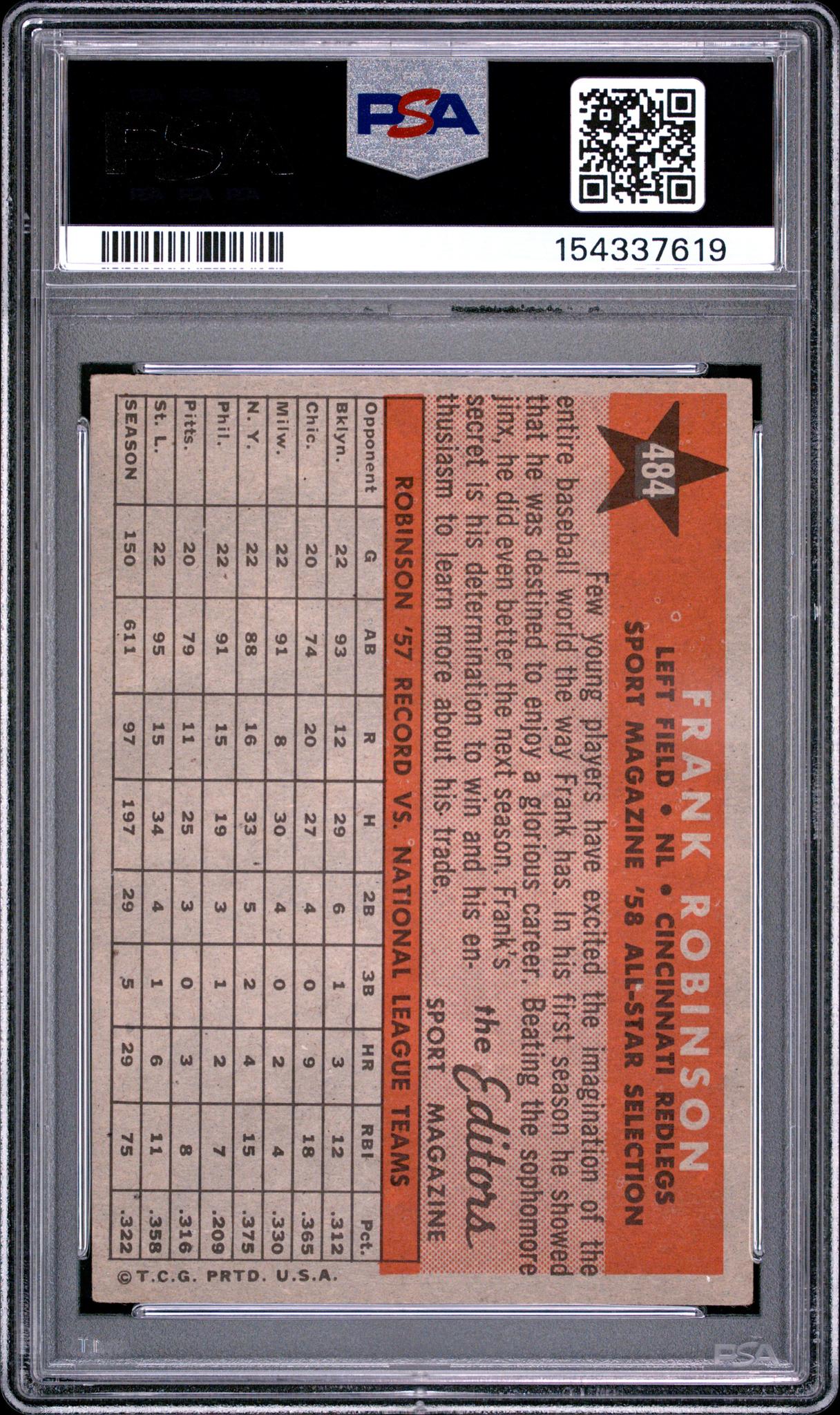 1958 Topps Frank Robinson #484 PSA 4 - Image 2
