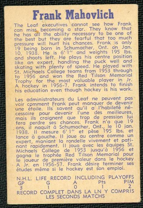 1960 17 Frank Mahovlich Rookie Toronto Maple Leafs - Image 2