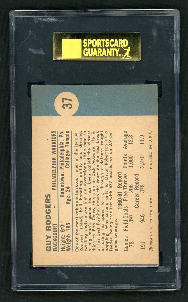 1961 Fleer 37 Guy Rodgers Rookie SGC 5 EX Philadelphia Warriors - Image 2