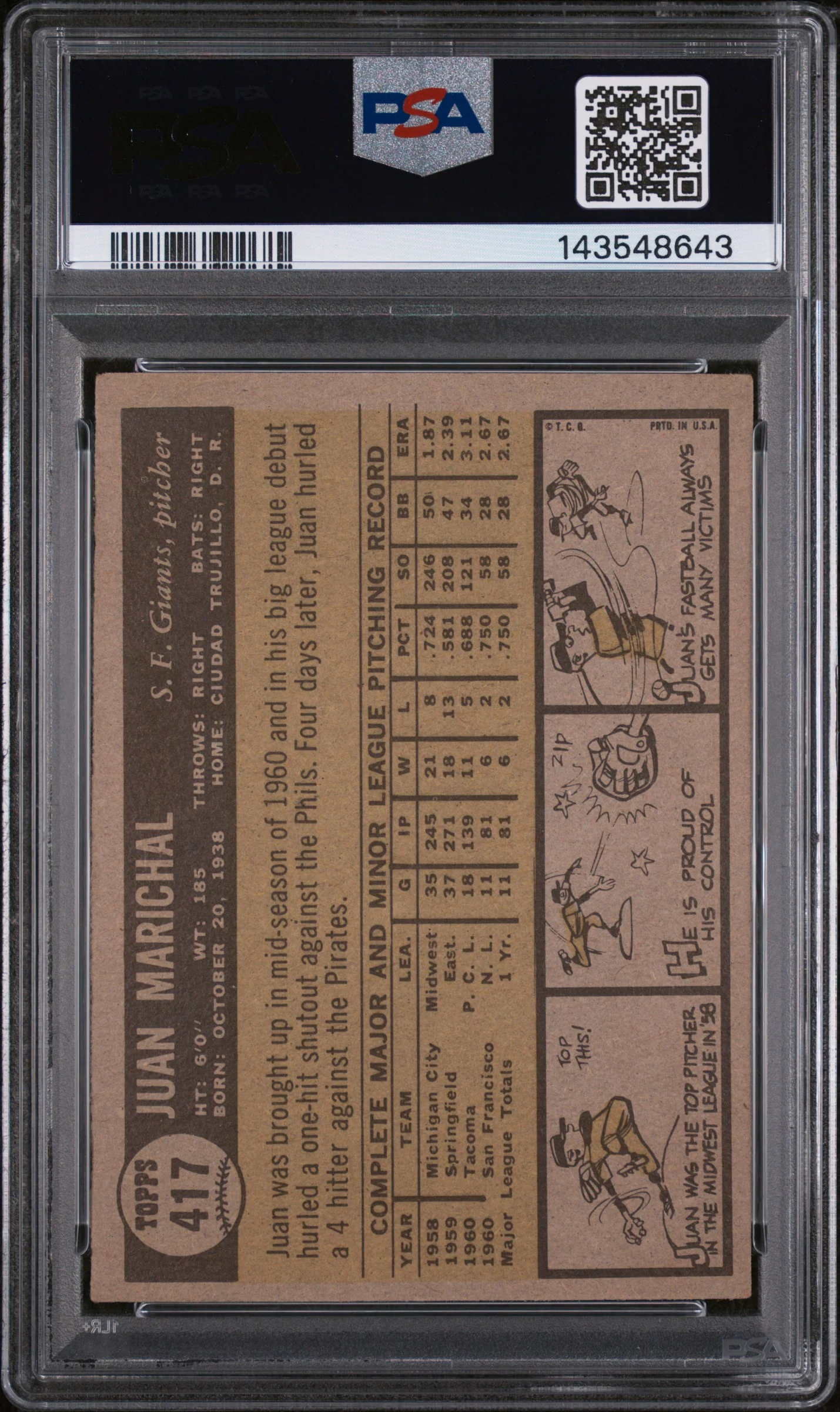 1961 Topps Juan Marichal #417 PSA 3 - Image 2
