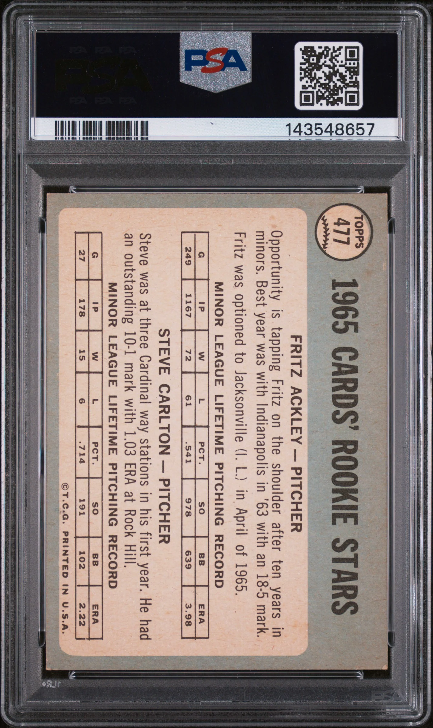 1965 Topps Cardinals Rookies Fritz Ackley/Steve Carlton #477 PSA 6 - Image 2