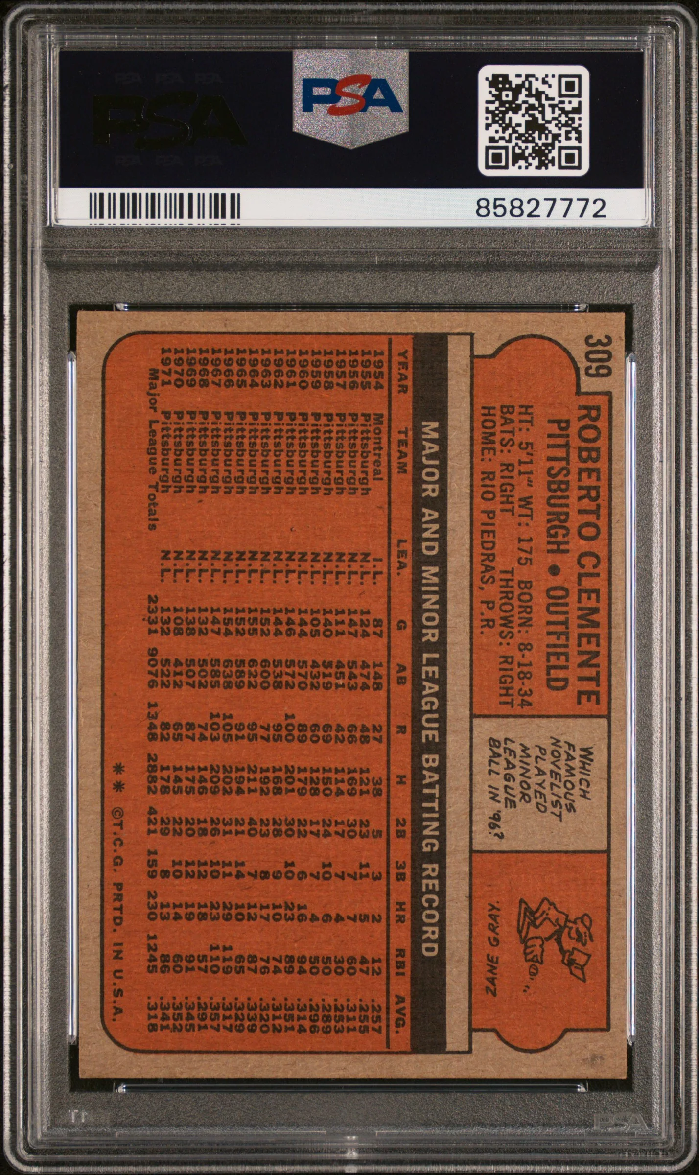 1972 Topps Roberto Clemente #309 PSA 7 - Image 2