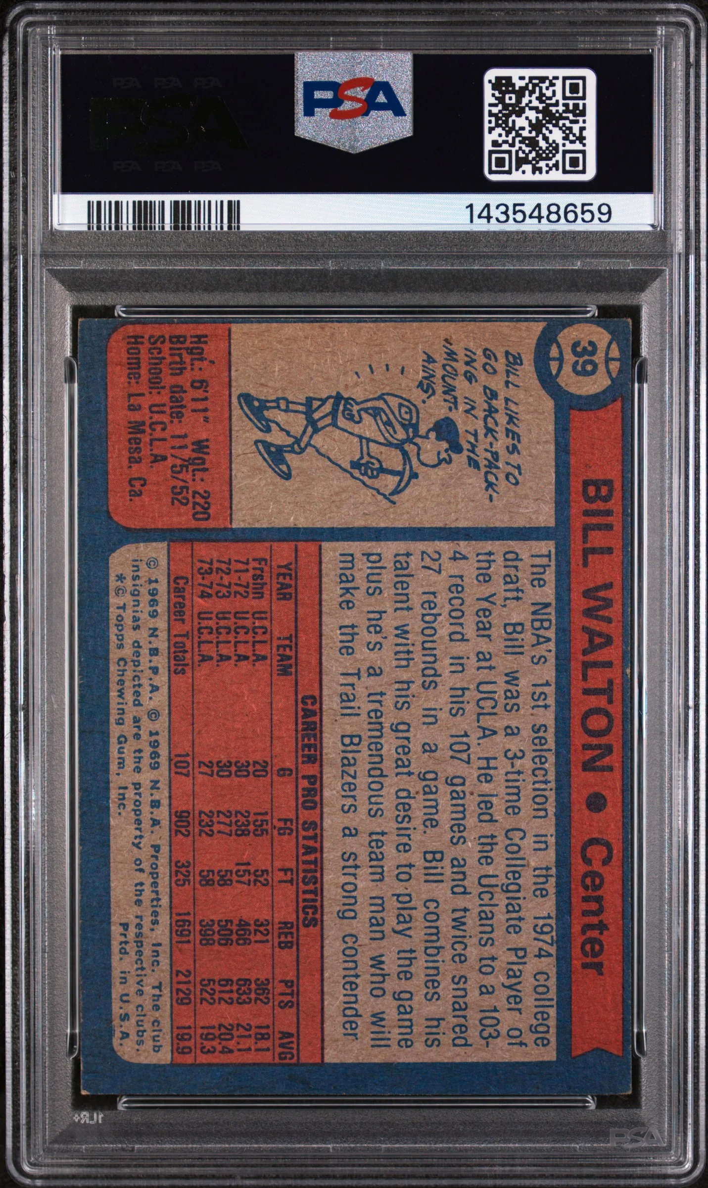 1974 Topps Bill Walton #39 PSA 4 - Image 2