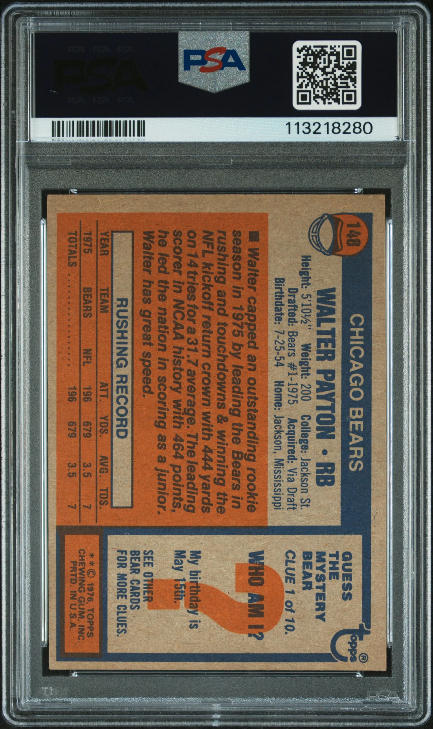 1976 Topps Walter Payton #148 PSA 4 - Image 2