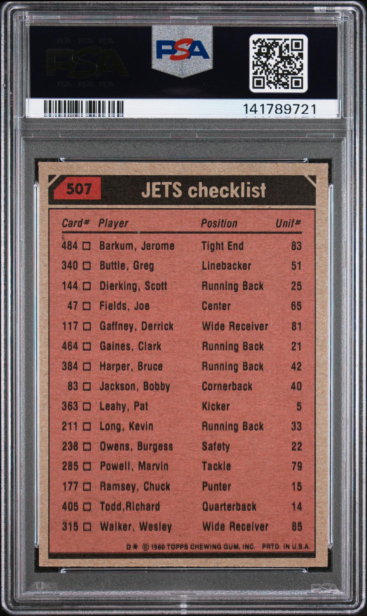 1980 Topps New York Jets Tl/Clark Gaines/Wesley Walker/Burgess Owens/Joe Klecko/(Checklist Back0 #507 PSA 9 - Image 2