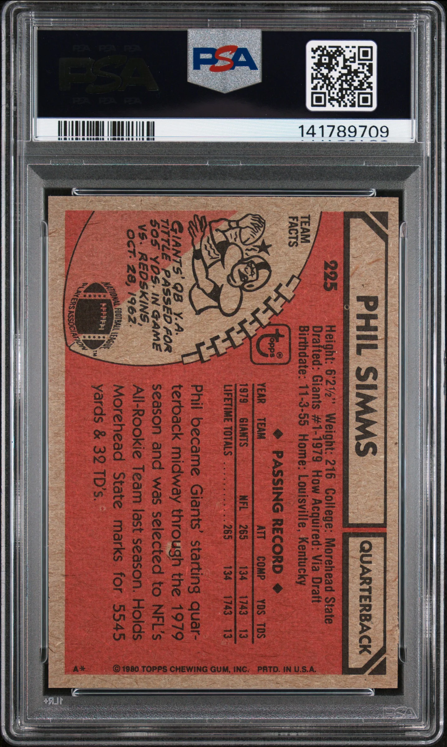 1980 Topps Phil Simms #225 PSA 8 - Image 2