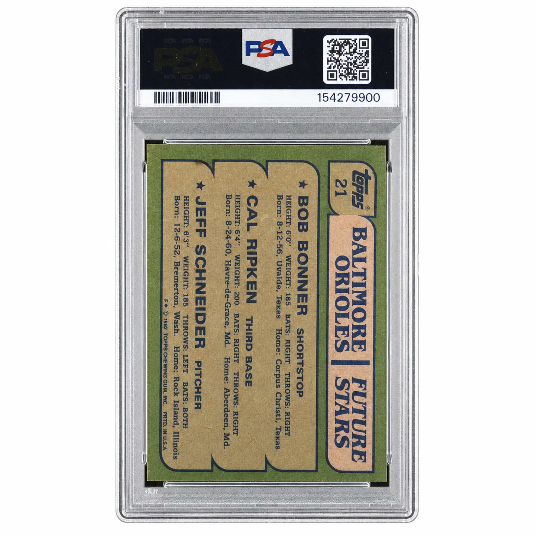 1982 Topps Orioles Future Stars Bob Bonner/Cal Ripken Jr./Jeff Schneider #21 PSA 8 - Image 2
