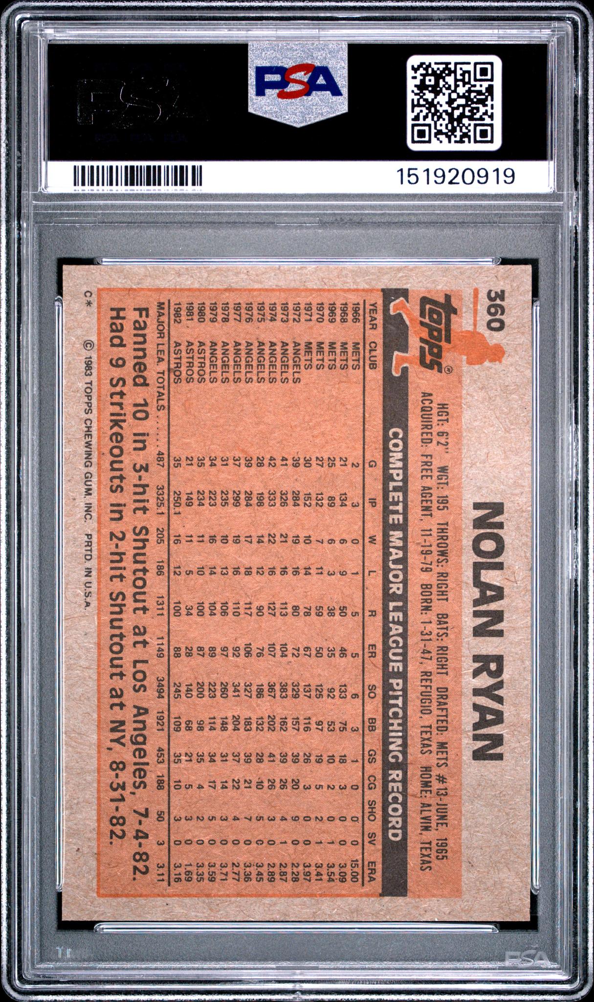 1983 Topps Nolan Ryan #360 PSA 8 - Image 2