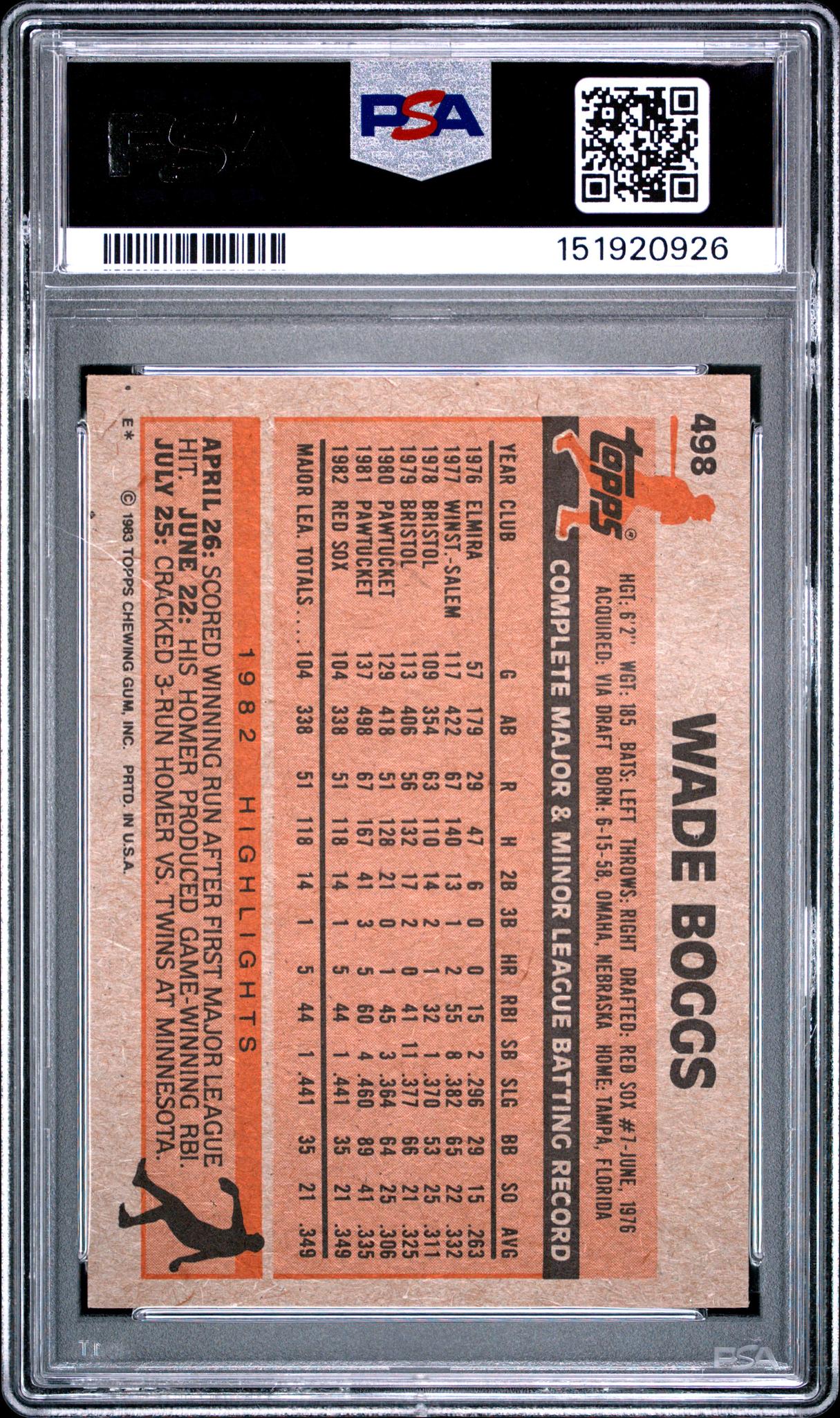 1983 Topps Wade Boggs #498 PSA 8 - Image 2