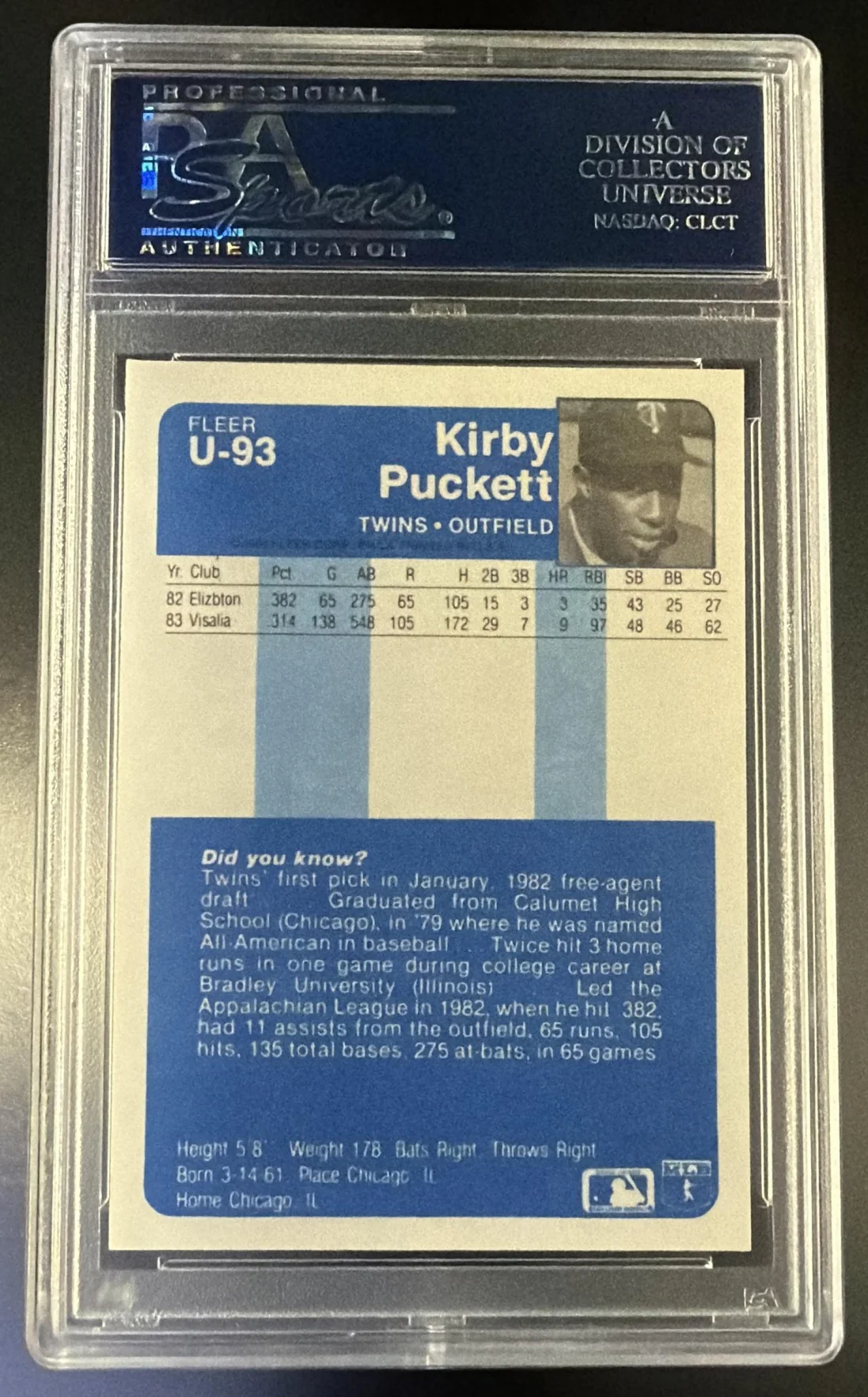 1984 Fleer Update Kirby Puckett #U93 PSA 10 - Image 2