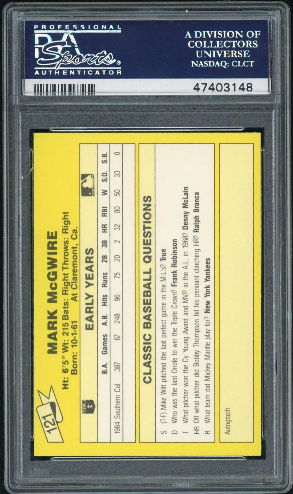 1987 Classic Update Yellow Mark Mcgwire #121 /100000 PSA 10 - Image 2