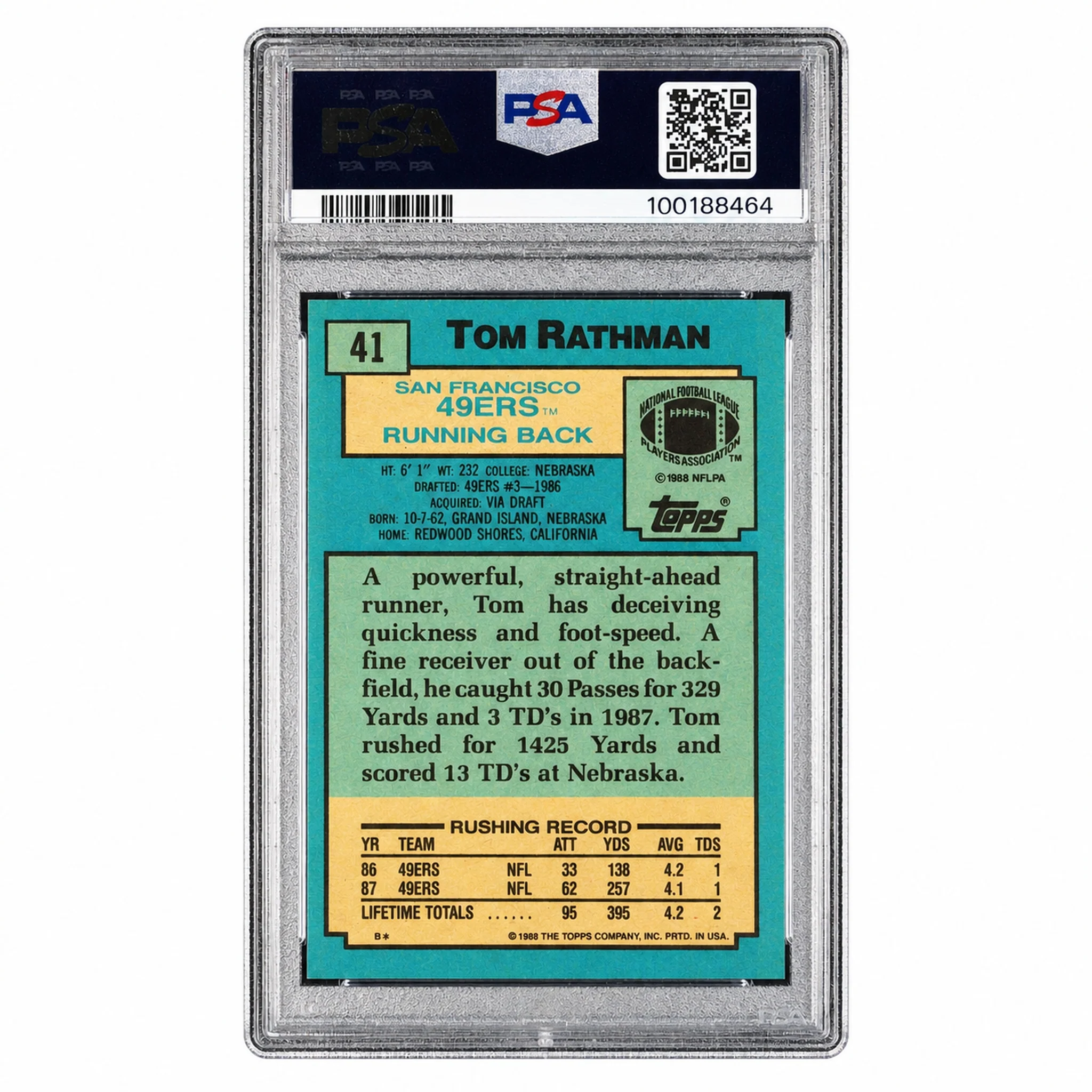1988 Topps Tom Rathman #41 PSA 9 - Image 2