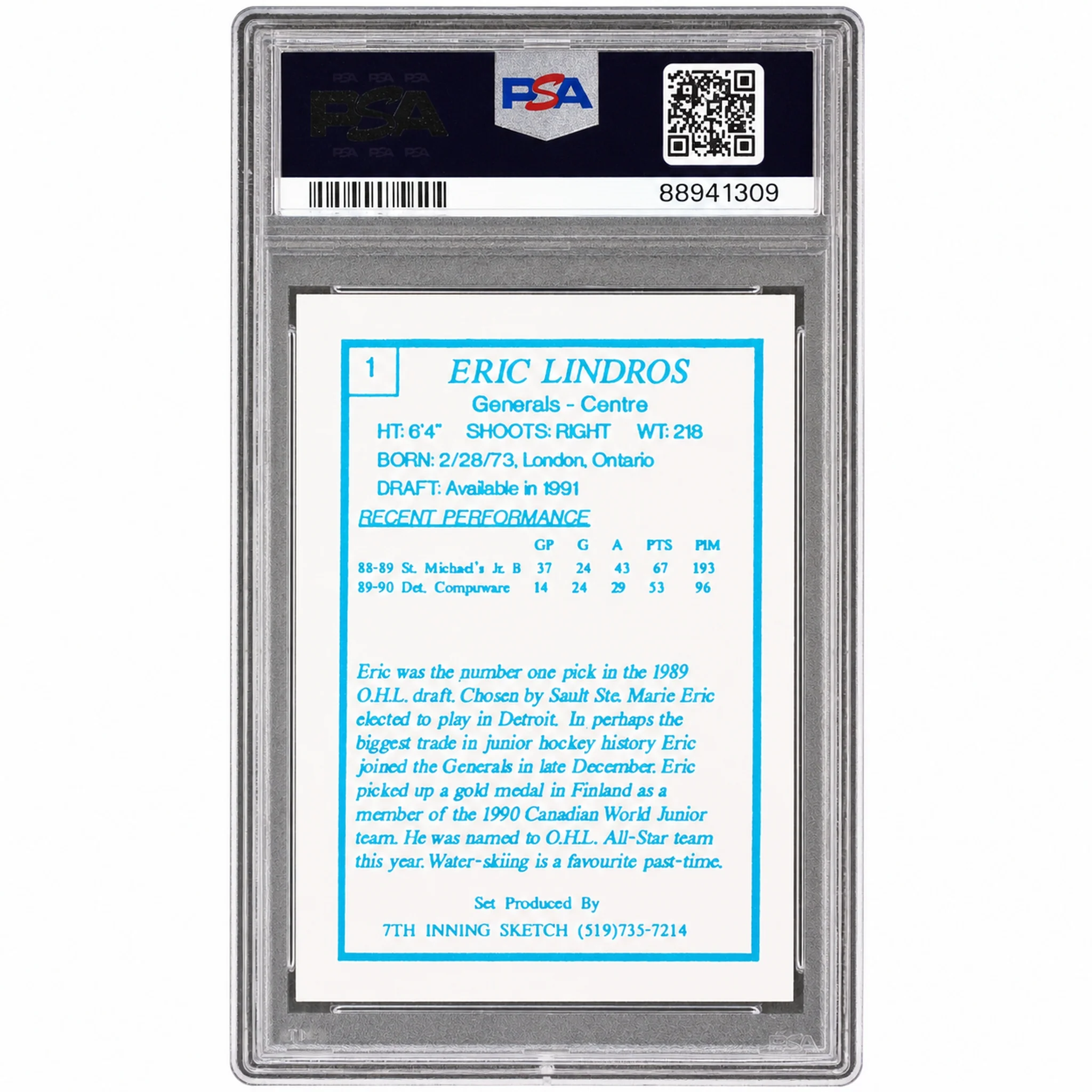 1989 7th Inning Sketch Ohl Oshawa Generals Eric Lindros #1 PSA 8 - Image 2