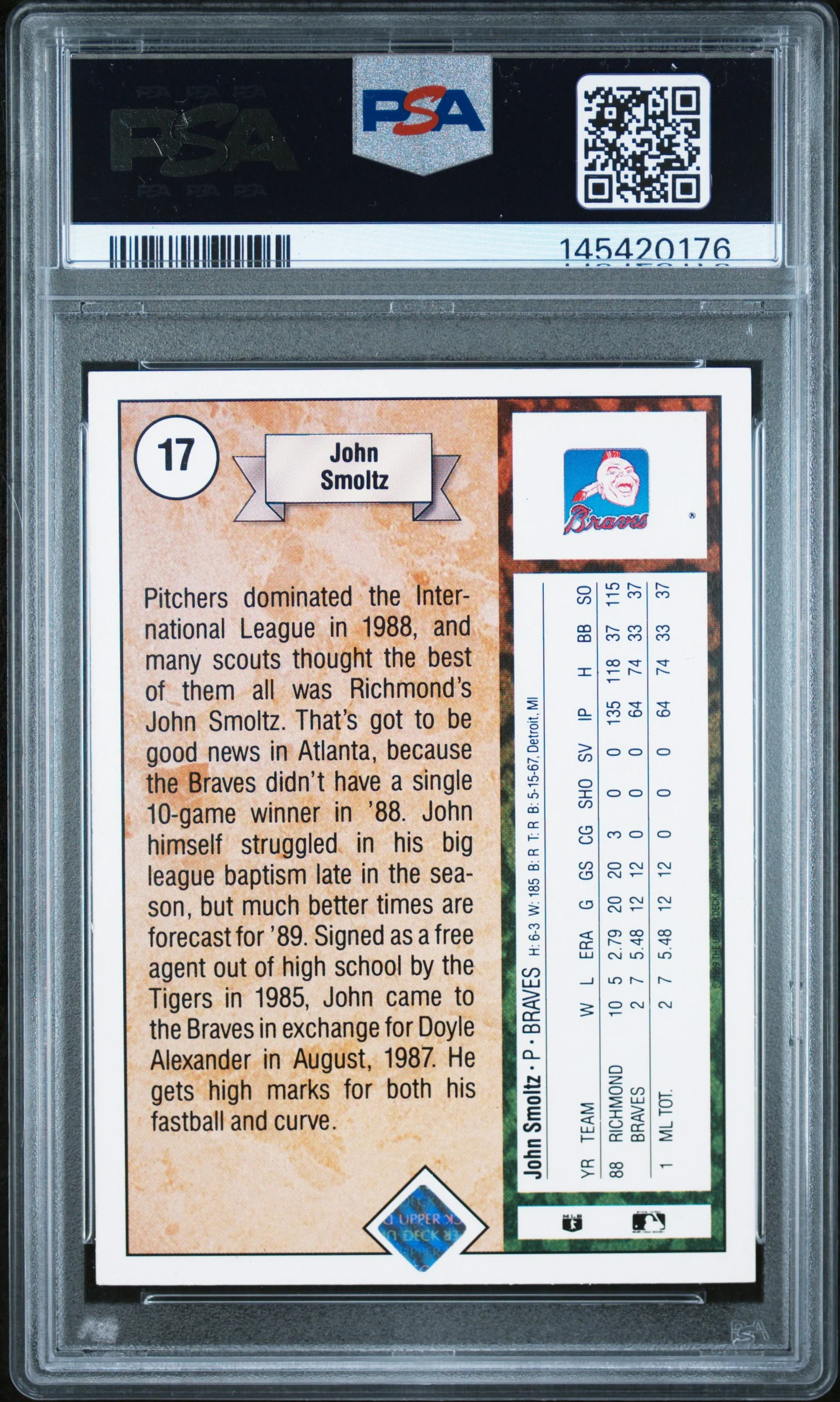 1989 Upper Deck Star Rookie John Smoltz #17 PSA 8 - Image 2