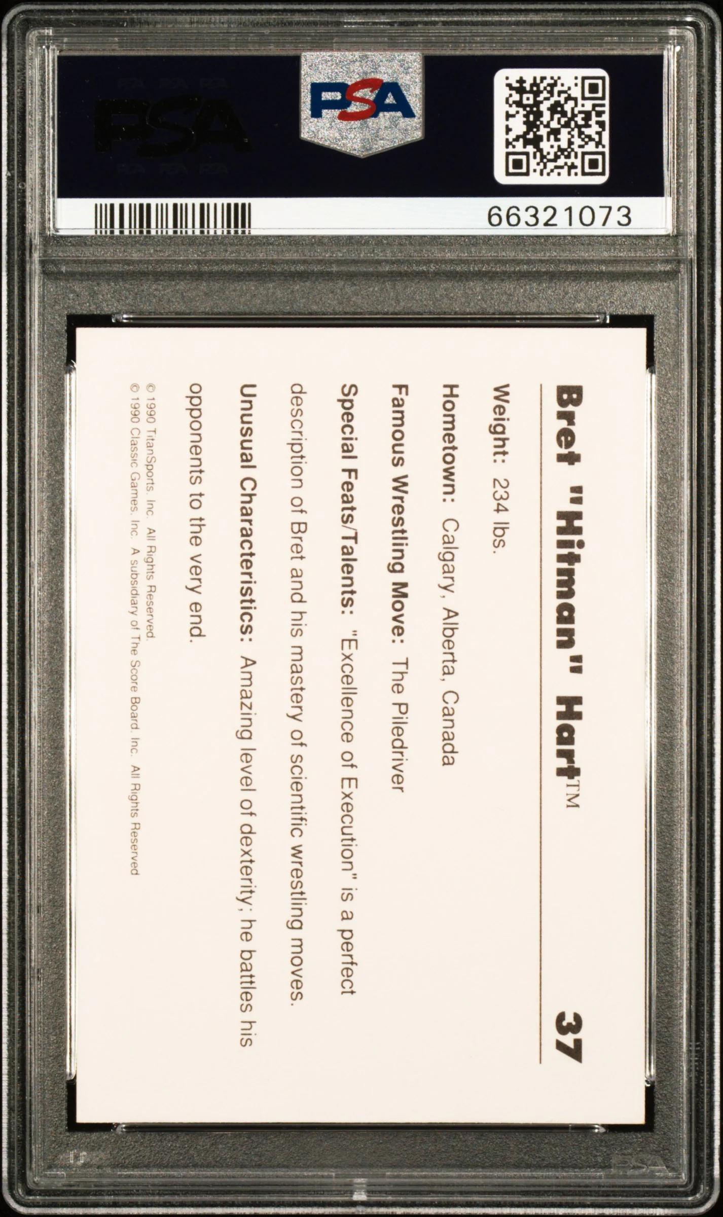 1990 Classic WWF Bret Hart #37 PSA 9 - Image 2
