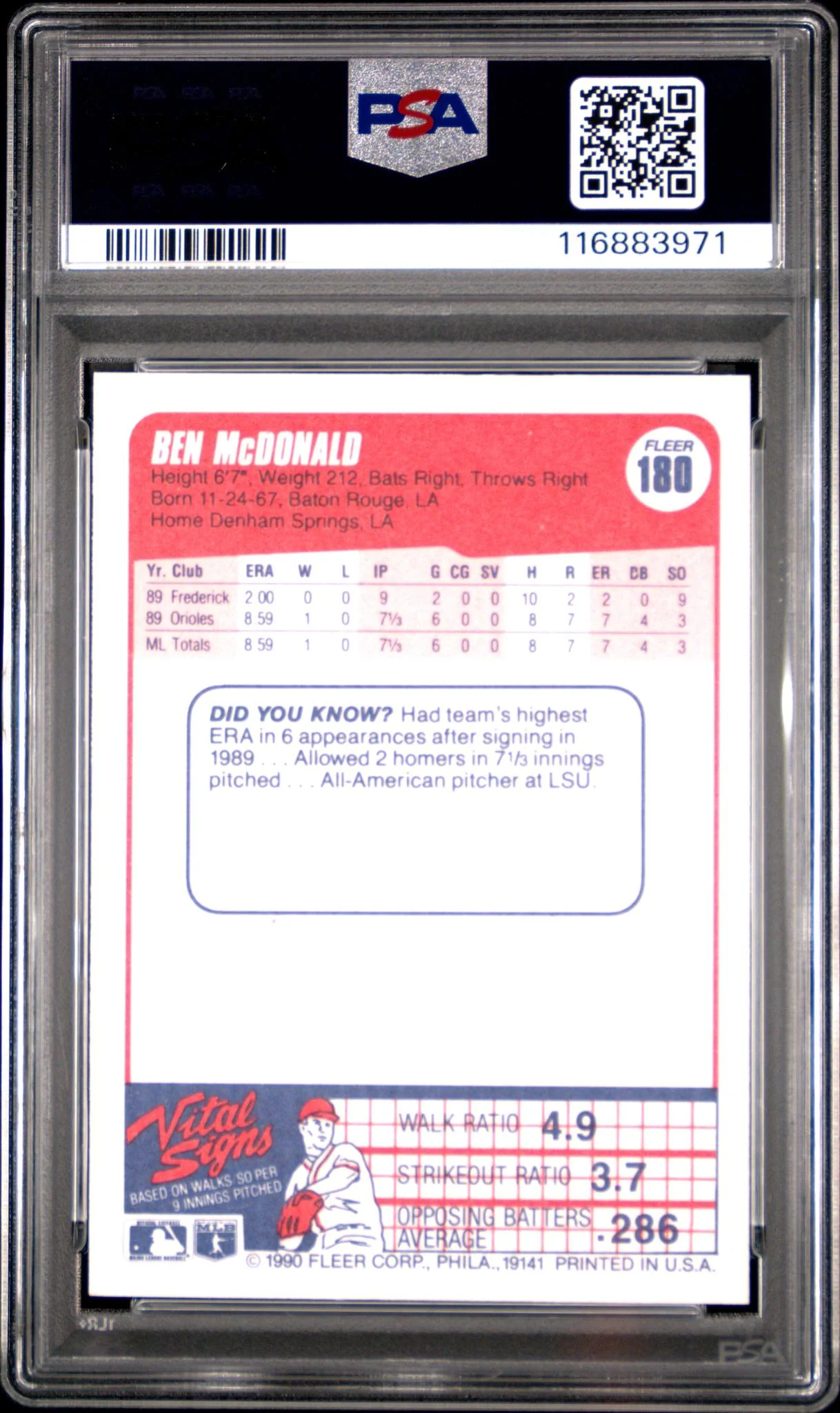 1990 Fleer Tradition Ben Mcdonald #180 PSA 10 - Image 2
