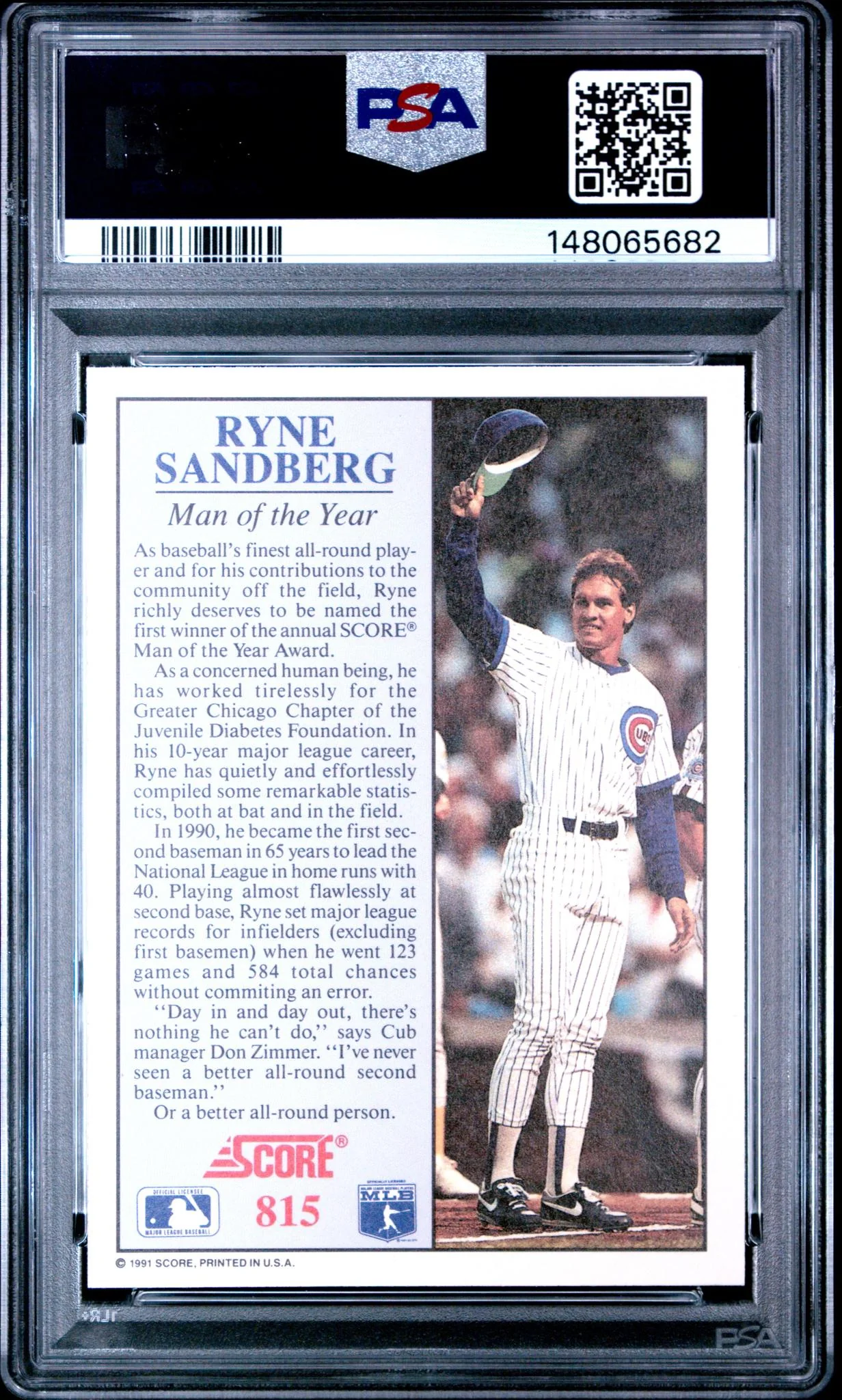 1991 Score Ryne Sandberg #815 PSA 8 - Image 2