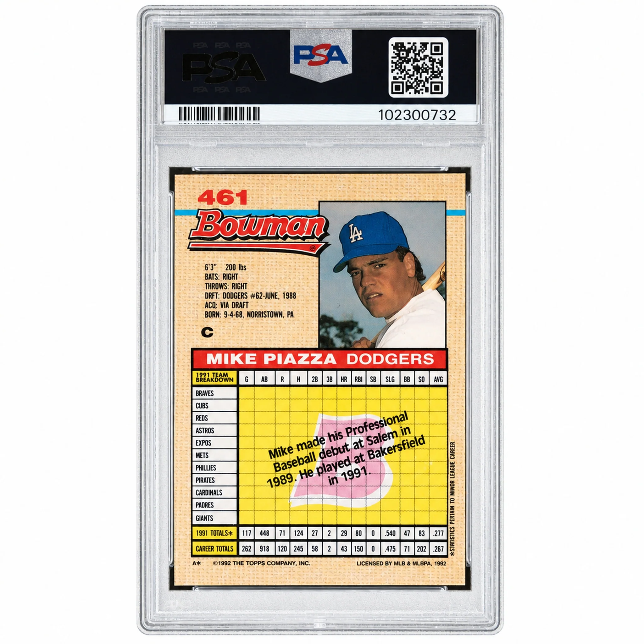 1992 Bowman Mike Piazza #461 PSA 8 - Image 2