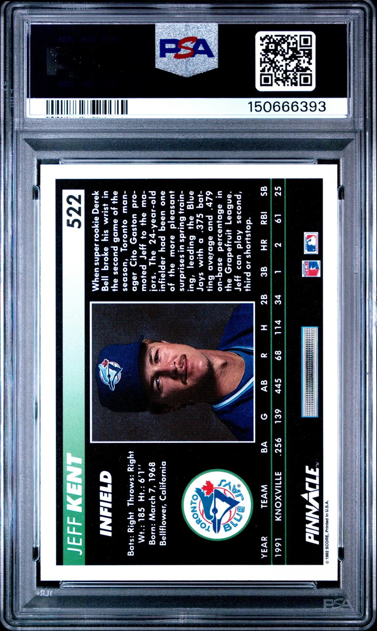 1992 Panini Pinnacle Jeff Kent #522 PSA 9 - Image 2
