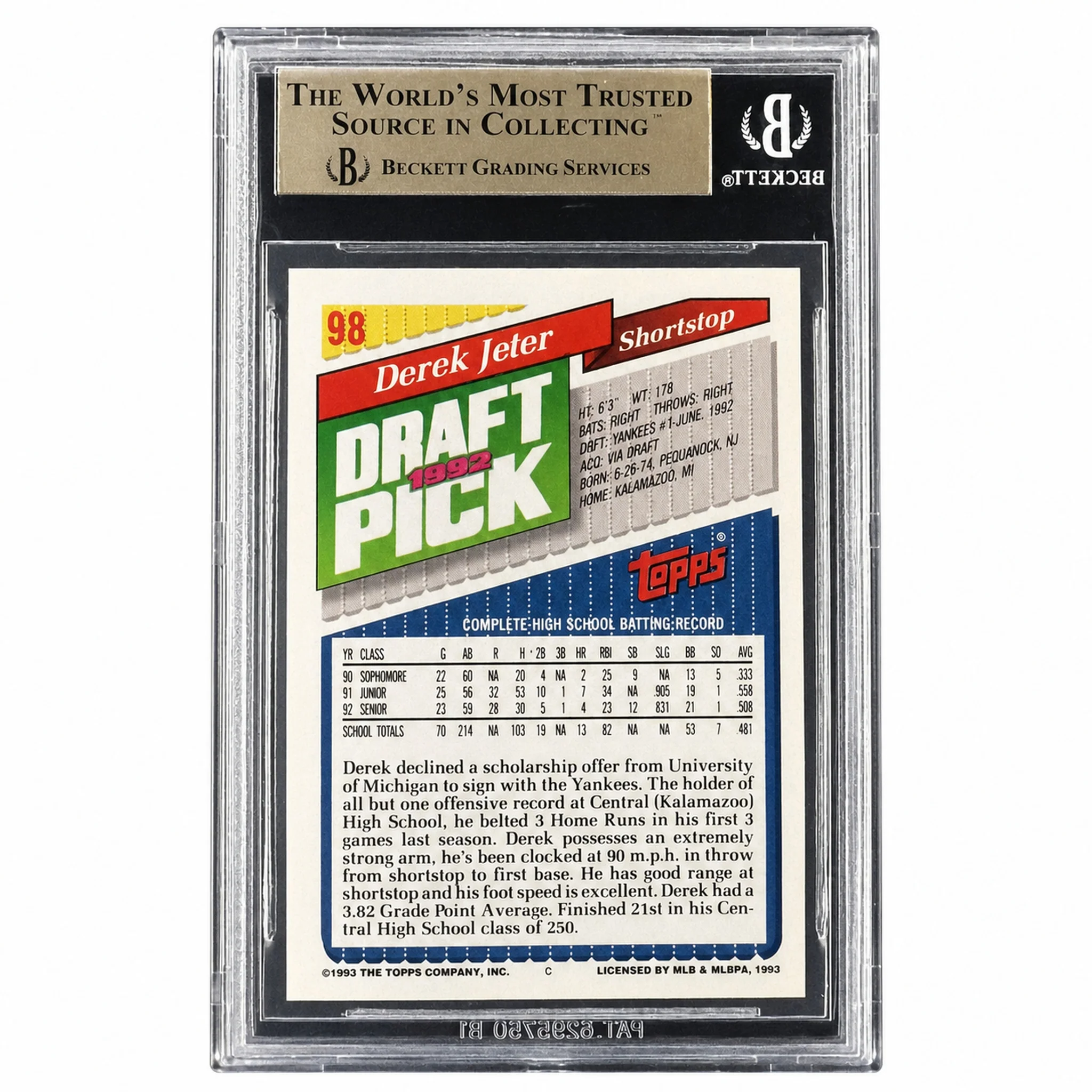 1993 Topps #98 Derek Jeter Rookie RC BGS 9.5 - Image 2