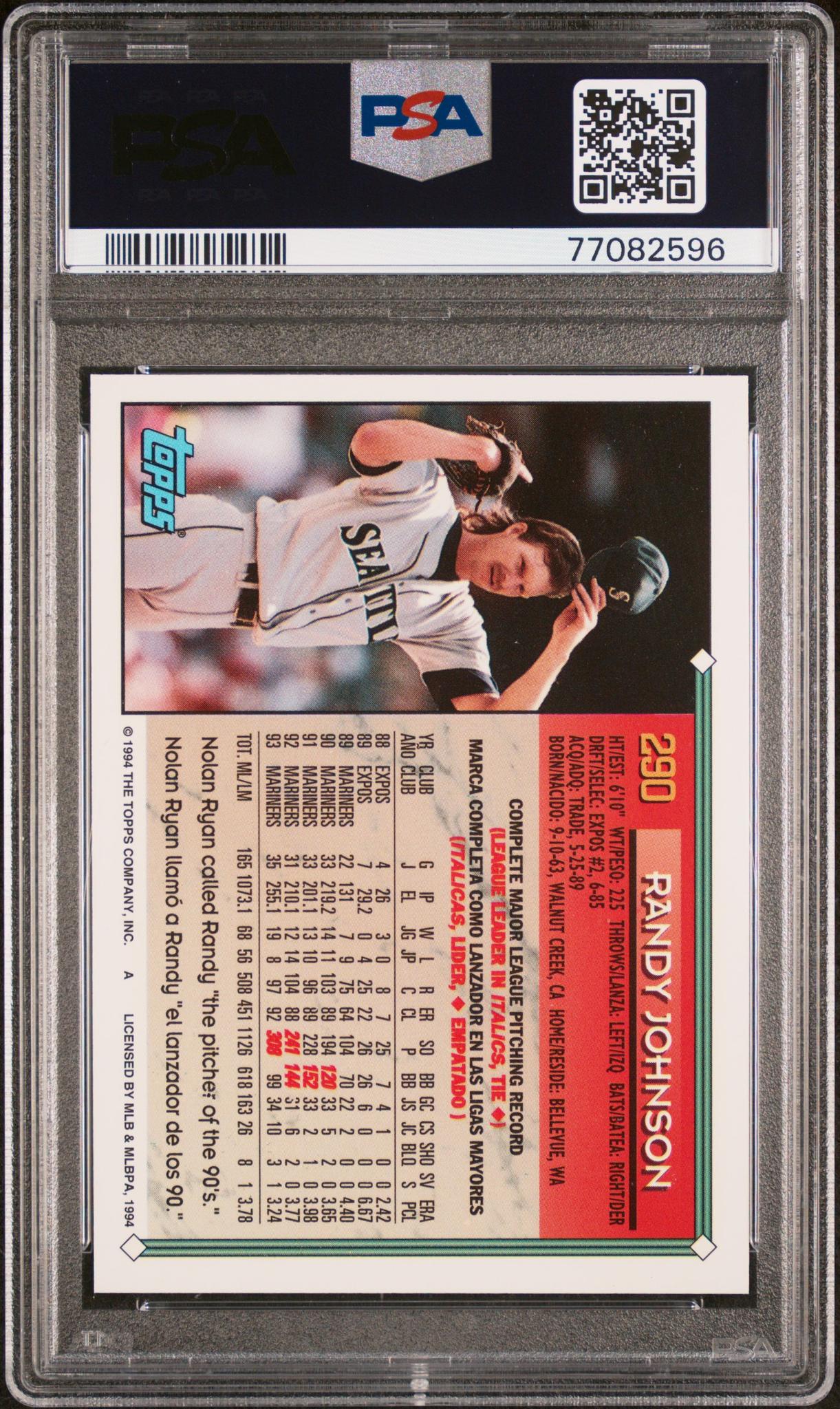 1994 Topps Bilingual Randy Johnson #290 PSA 9 - Image 2