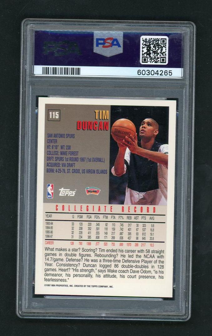1997 Topps Tim Duncan #115 PSA 10 - Image 2