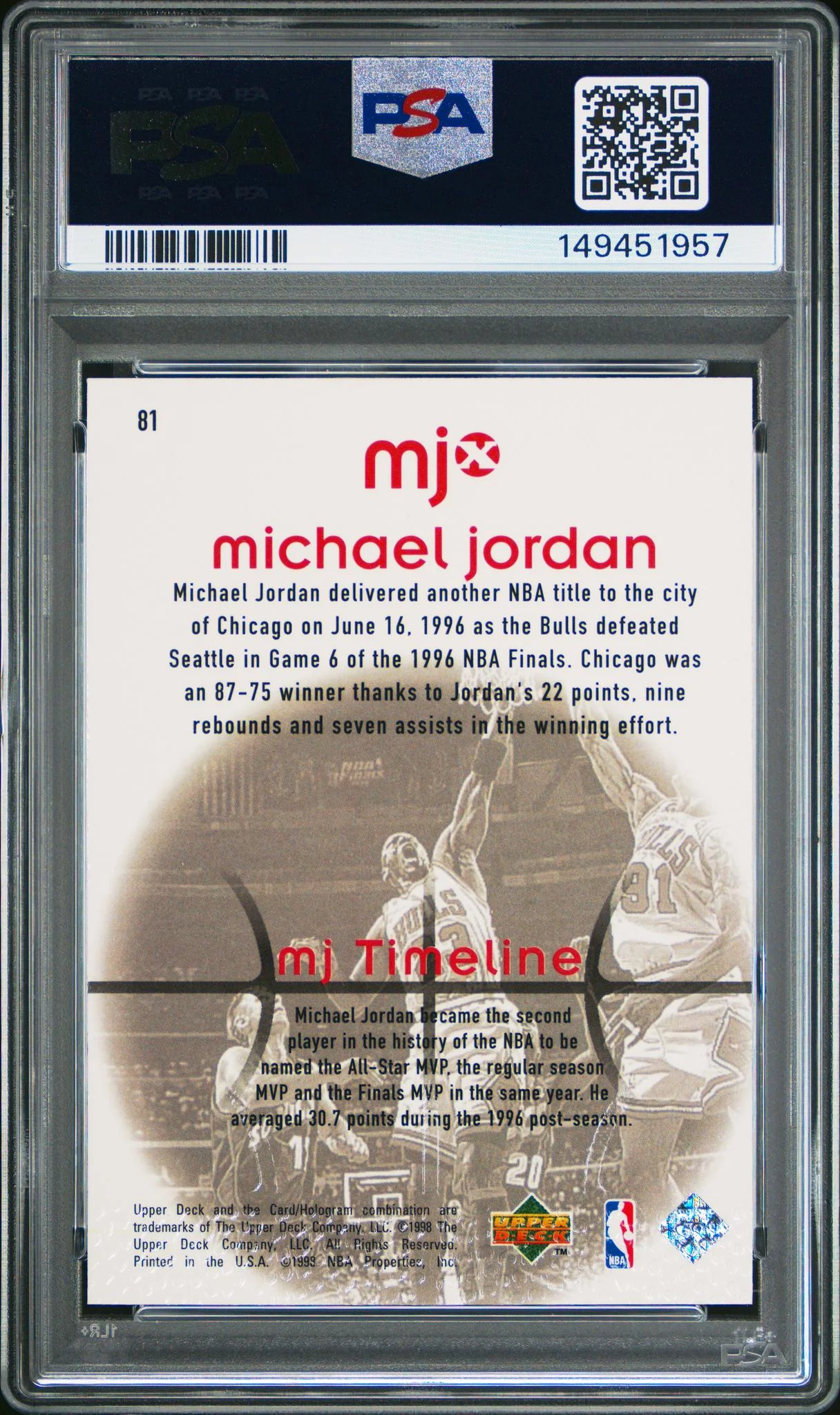 1998 Upper Deck Mjx Timepieces Michael Jordan #81 PSA 10 - Image 2