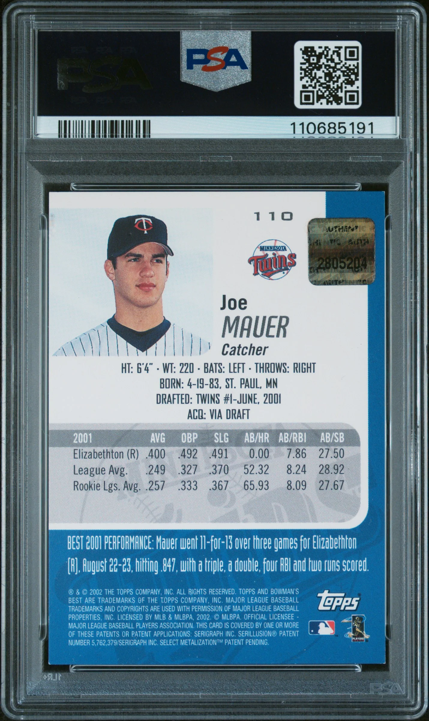 2002 Bowman's Best Autograph Joe Mauer #110 PSA 8 - Image 2