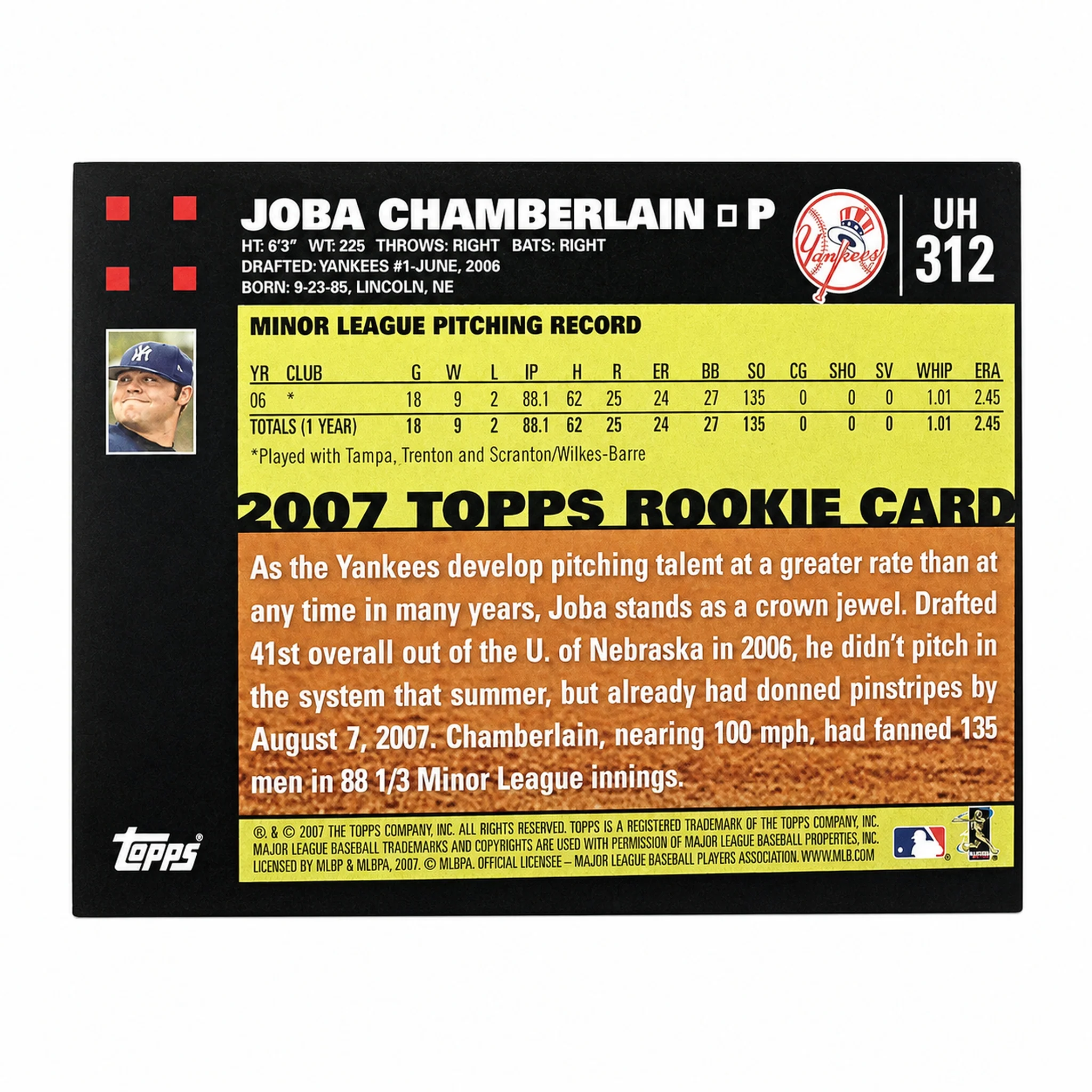 2007 Topps #UH312 Joba Chamberlain Rookie RC Reverse Negative SSP - Image 2