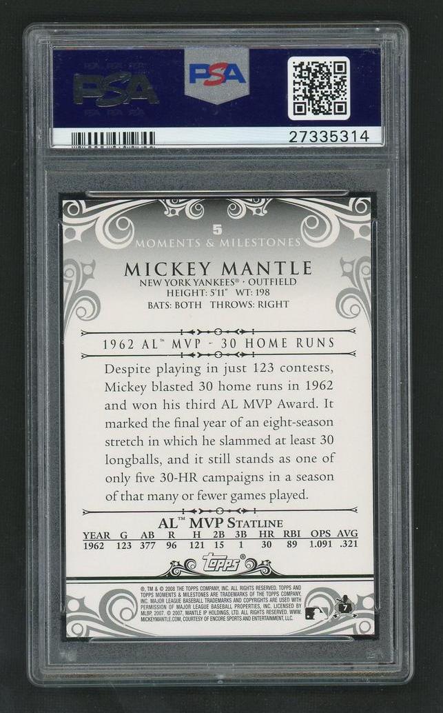 2008 Topps Moments & Milestones Home Run 30 Mickey Mantle #5 /150 PSA 10 - Image 2