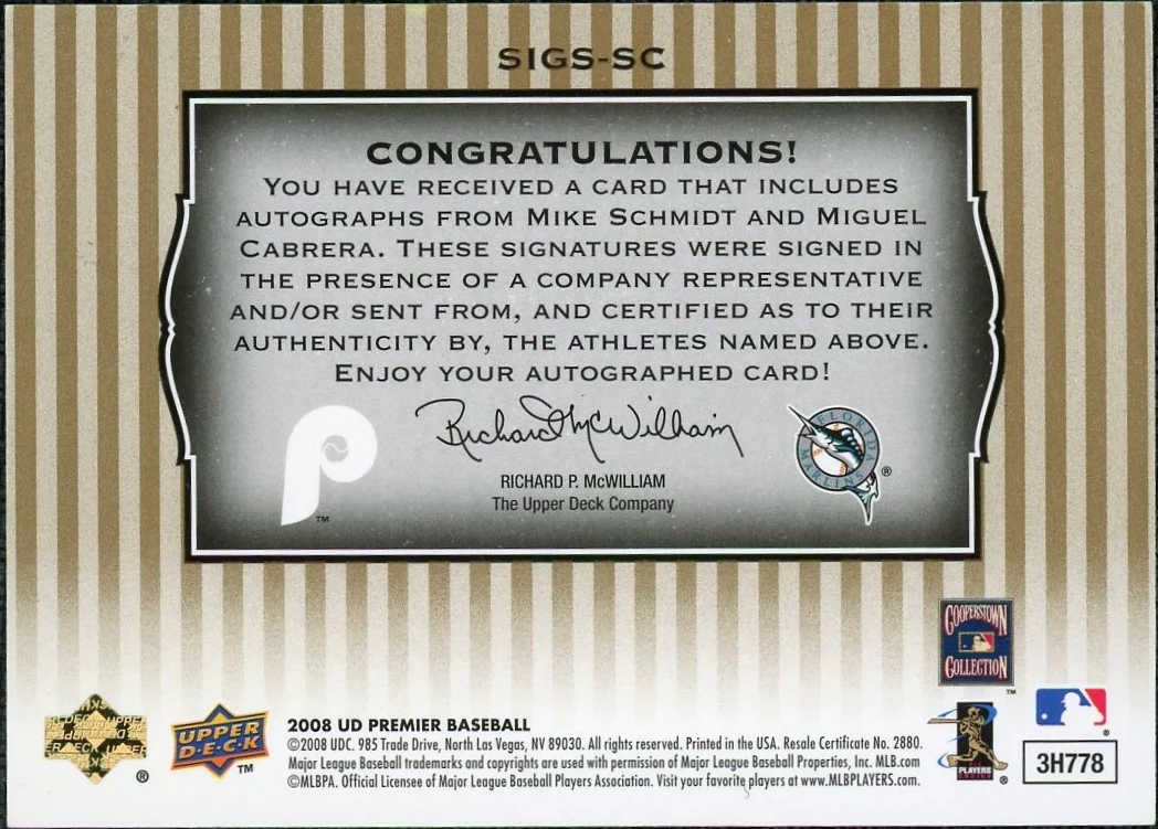2008 Upper Deck Premier Mike Schmidt & Miguel Cabrera Significant Stars Auto 1/1 - Image 2