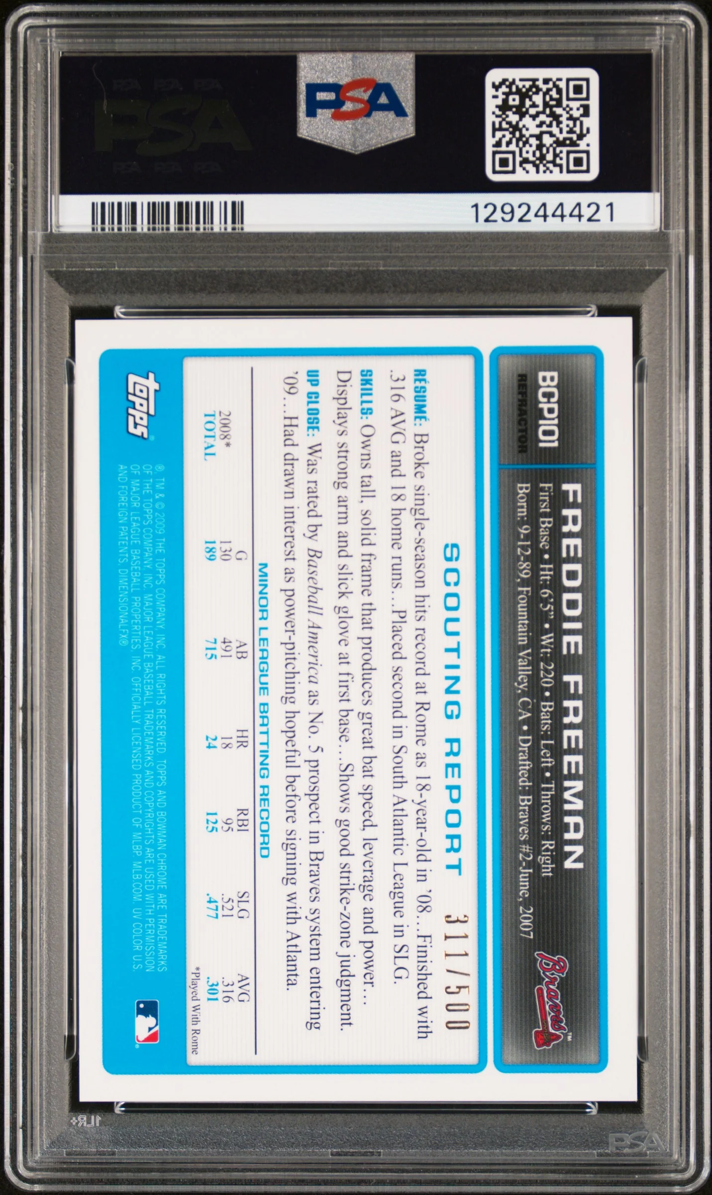 2009 Bowman Chrome Prospect Autograph Refractor Freddie Freeman #BCP101 /500 PSA 9 - Image 2
