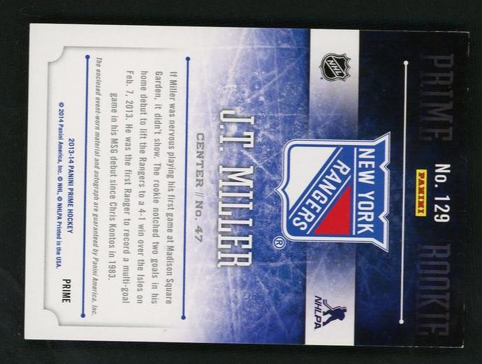 2012 Panini Prime 129 J.T. Miller Prime Rookies Rookie /199 New York Rangers Auto - Image 2