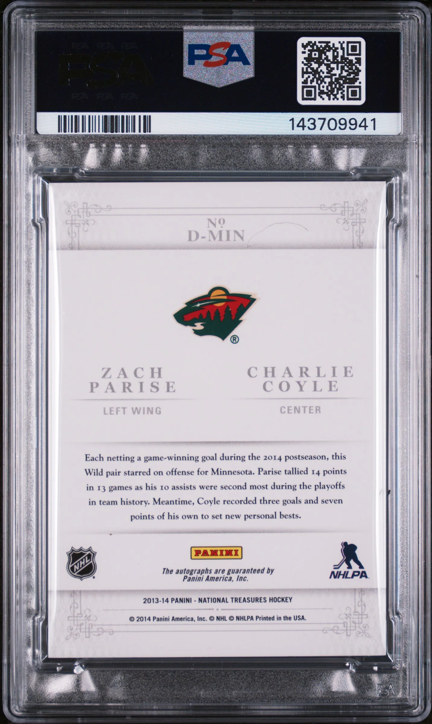 2013 Panini National Treasures Dual Autograph Charlie Coyle/Zach Parise #D-MIN /100 PSA 9 - Image 2